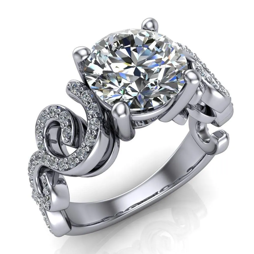 Katie Round Center Stone Swirl Shank Micro Pave Diamond Accent Shoulder Ring