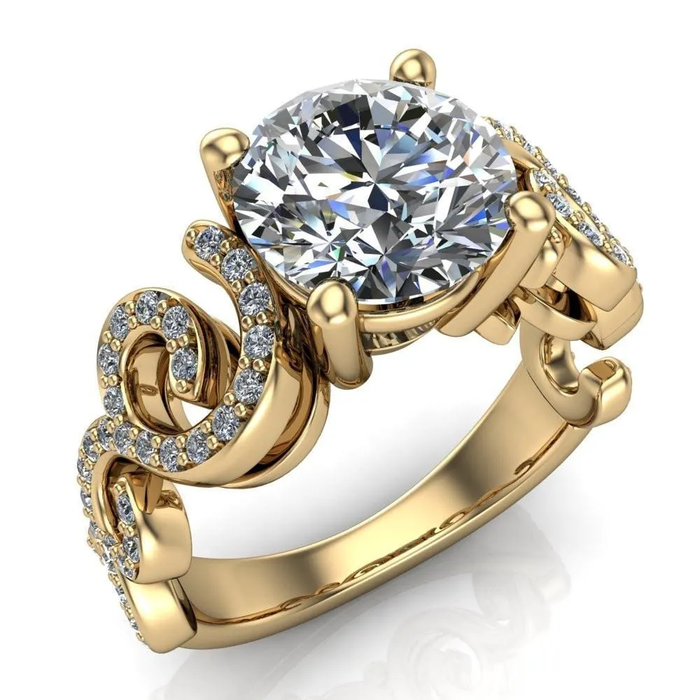 Katie Round Center Stone Swirl Shank Micro Pave Diamond Accent Shoulder Ring