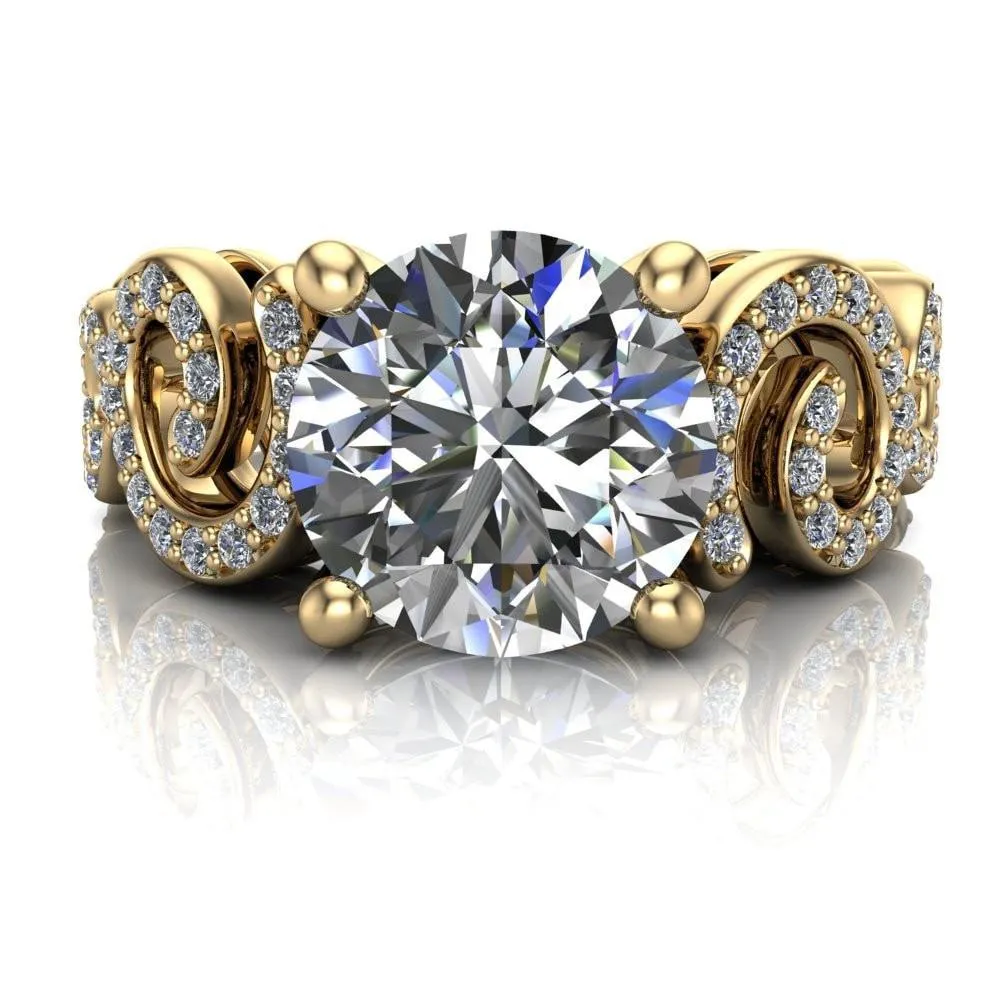 Katie Round Center Stone Swirl Shank Micro Pave Diamond Accent Shoulder Ring