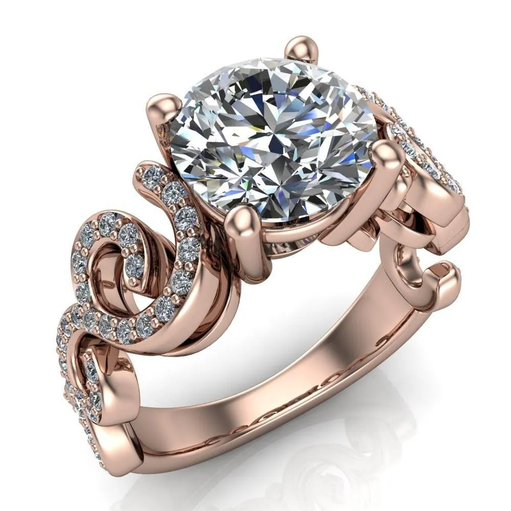 Katie Round Center Stone Swirl Shank Micro Pave Diamond Accent Shoulder Ring