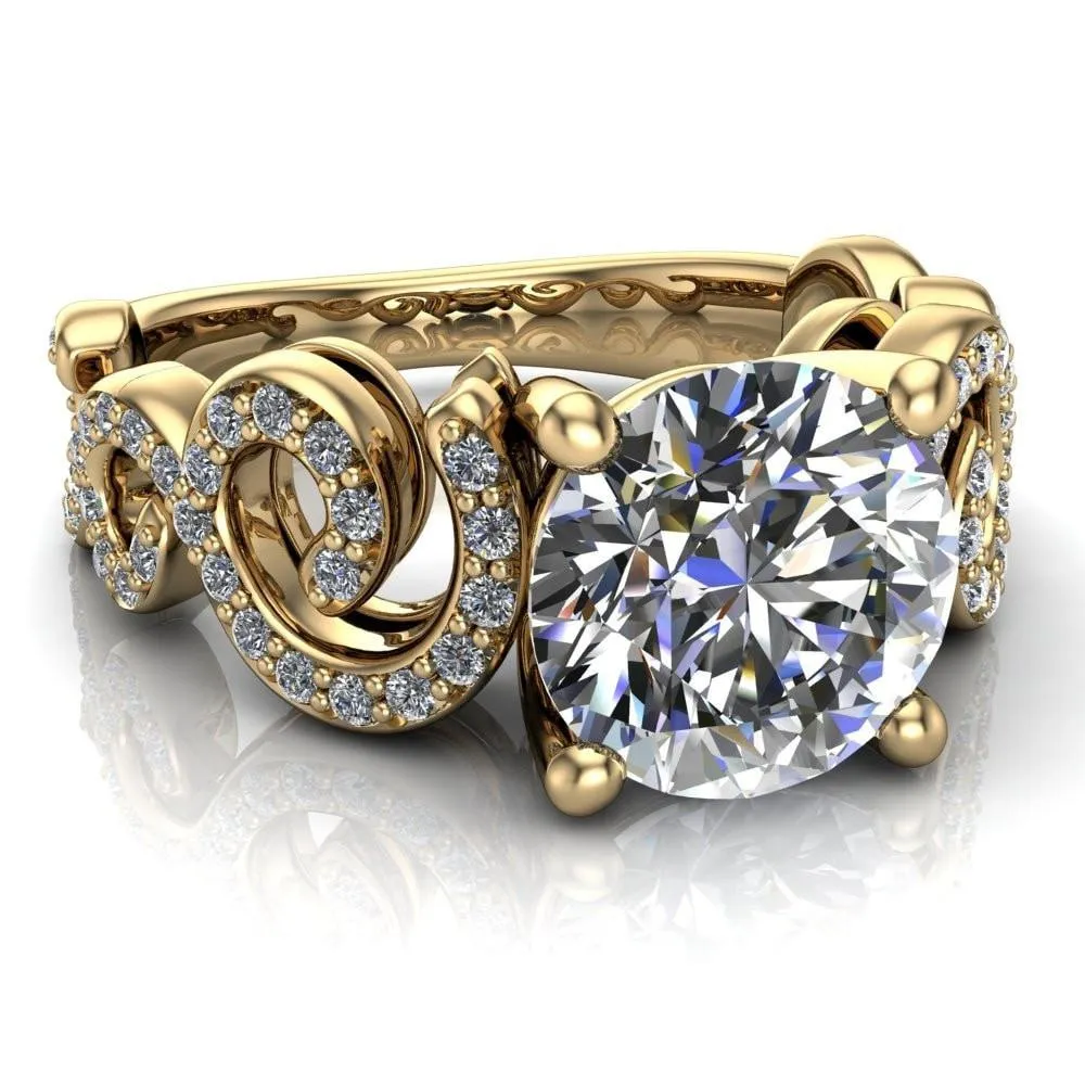 Katie Round Center Stone Swirl Shank Micro Pave Diamond Accent Shoulder Ring