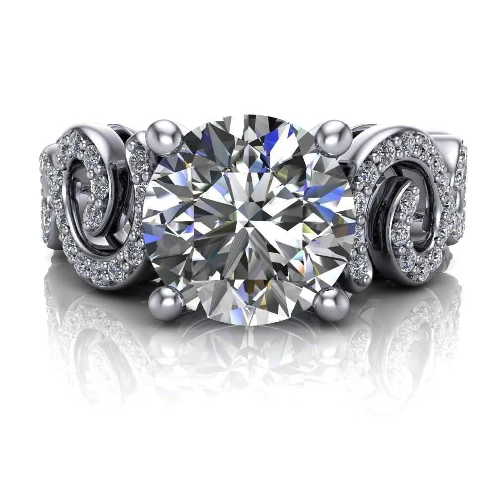 Katie Round Center Stone Swirl Shank Micro Pave Diamond Accent Shoulder Ring