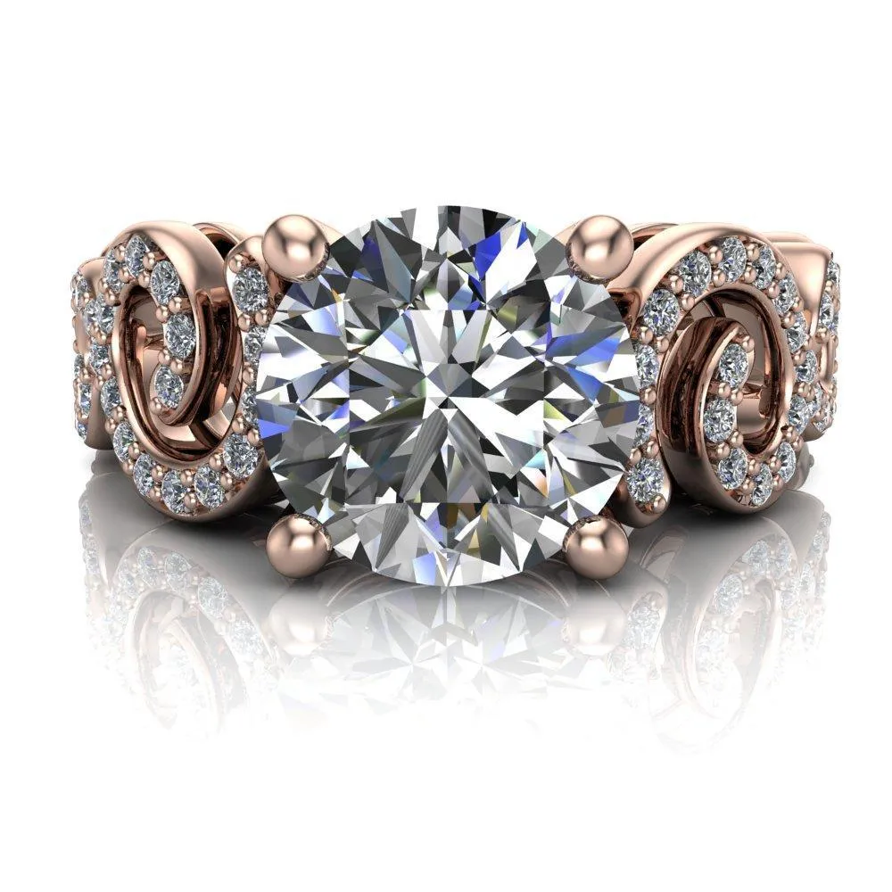 Katie Round Center Stone Swirl Shank Micro Pave Diamond Accent Shoulder Ring