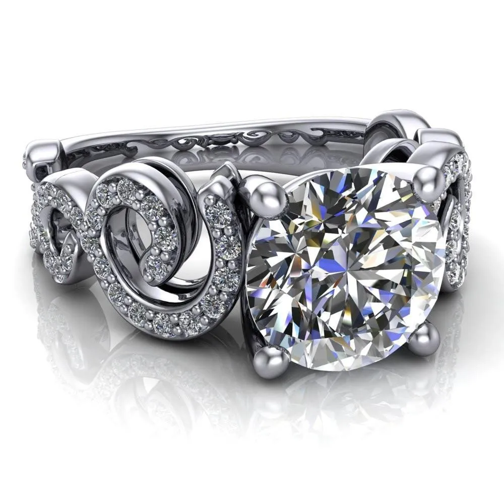 Katie Round Center Stone Swirl Shank Micro Pave Diamond Accent Shoulder Ring