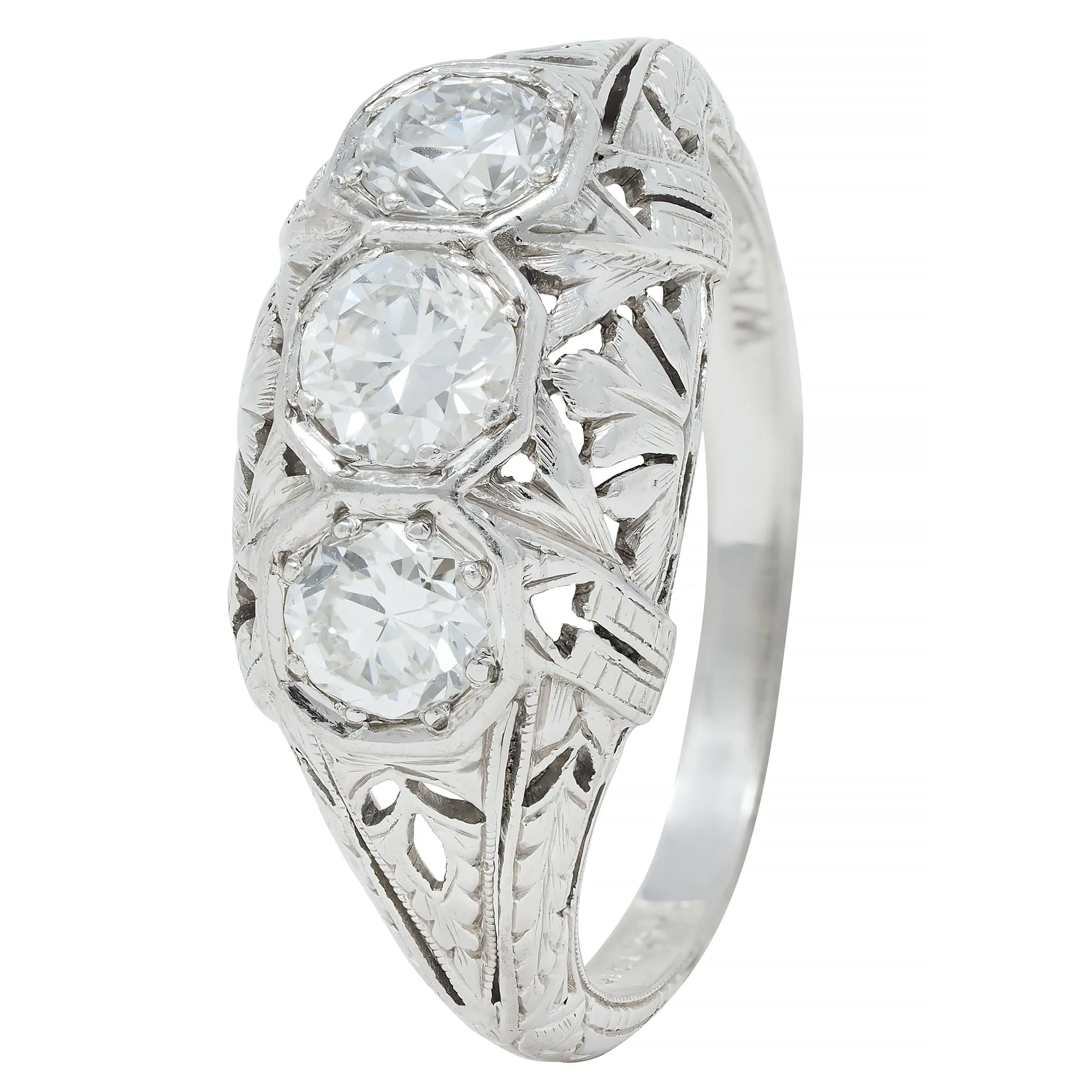 Kinscherf Art Deco 0.80 CTW Old European Cut Diamond Platinum Three Stone Arrow Engagement Ring