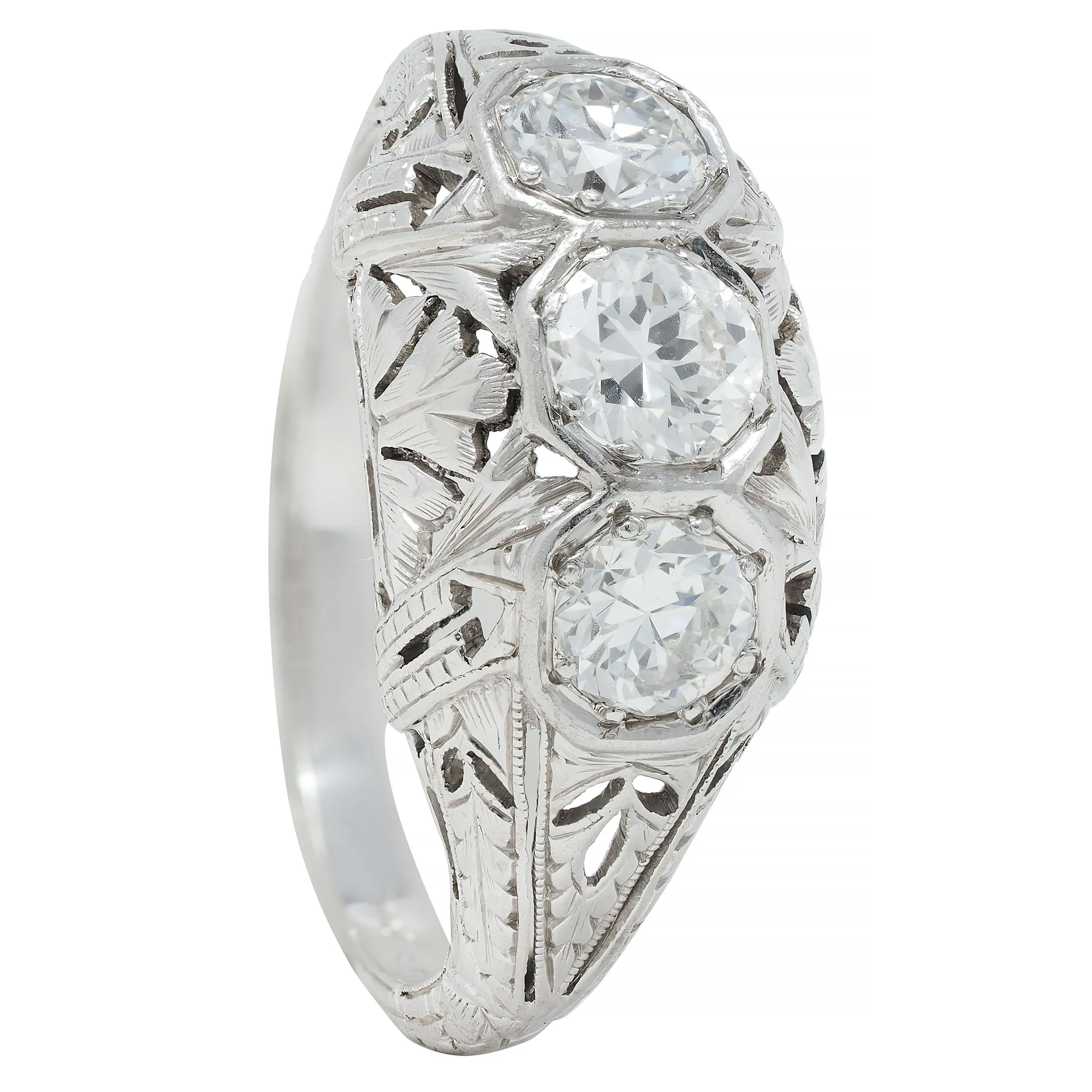 Kinscherf Art Deco 0.80 CTW Old European Cut Diamond Platinum Three Stone Arrow Engagement Ring