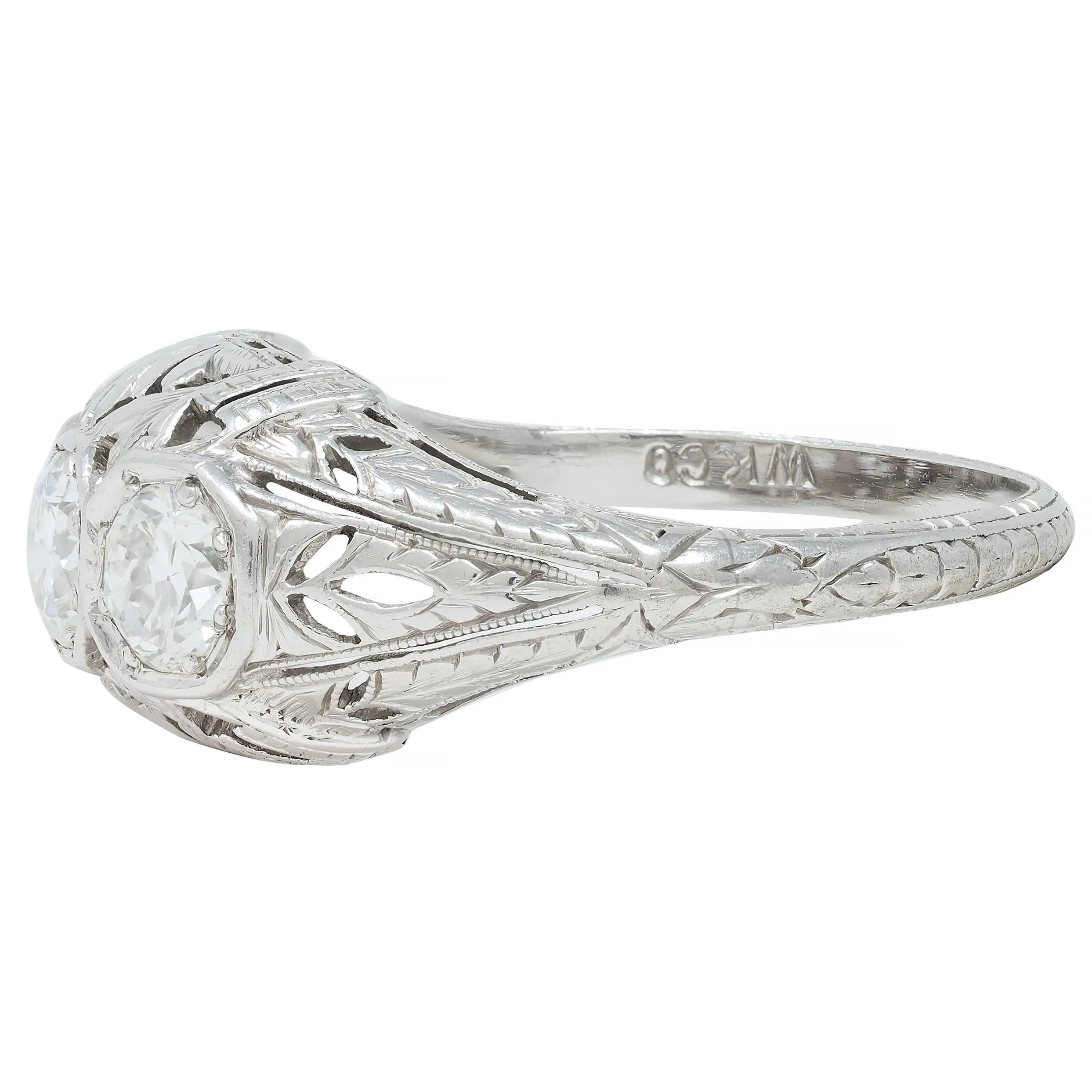 Kinscherf Art Deco 0.80 CTW Old European Cut Diamond Platinum Three Stone Arrow Engagement Ring