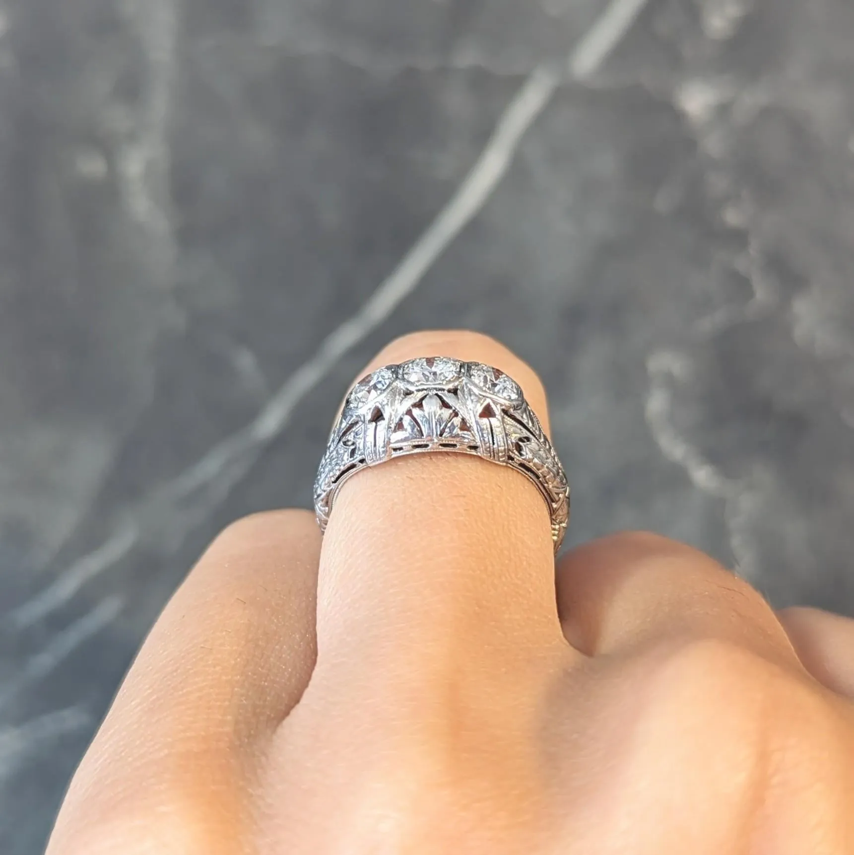 Kinscherf Art Deco 0.80 CTW Old European Cut Diamond Platinum Three Stone Arrow Engagement Ring