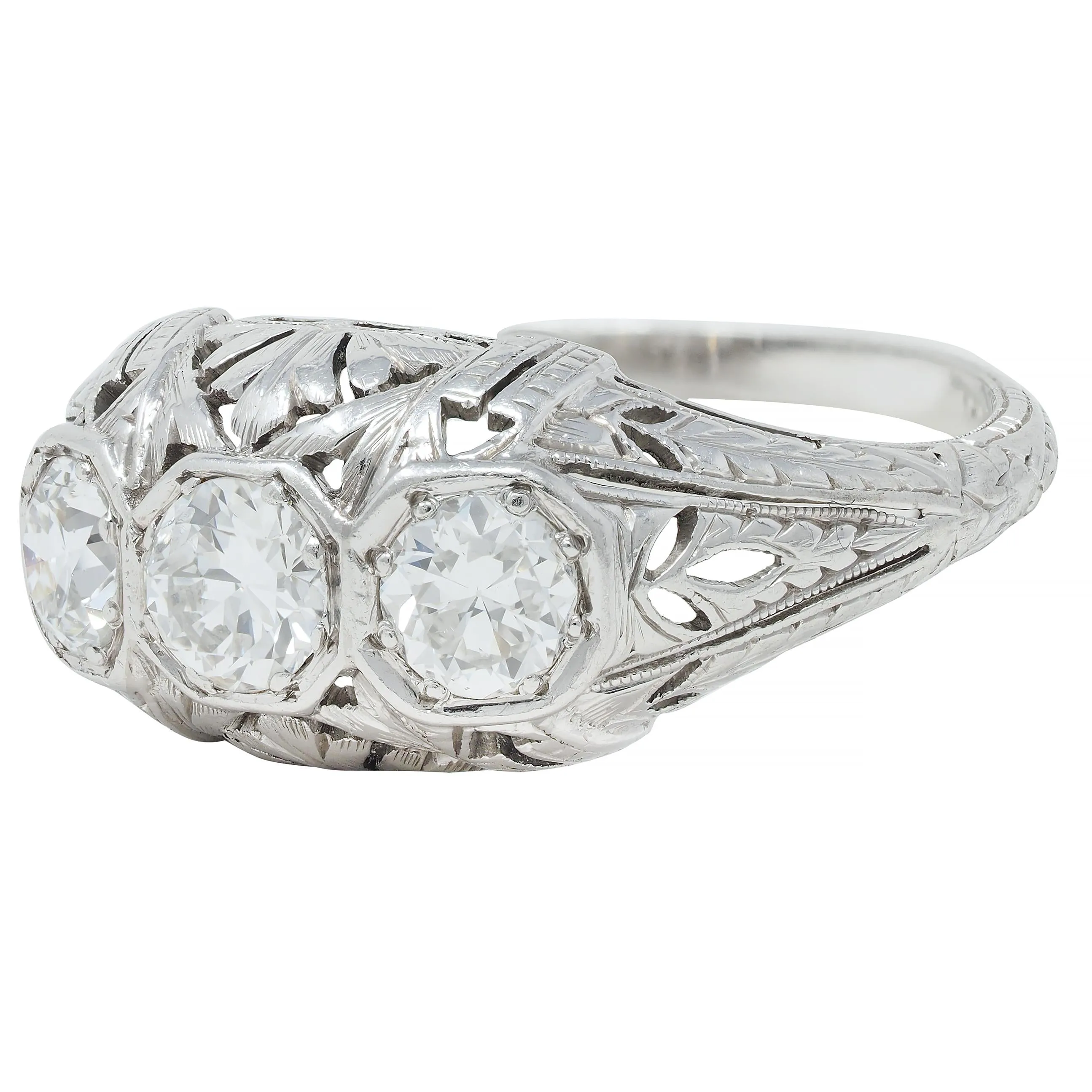 Kinscherf Art Deco 0.80 CTW Old European Cut Diamond Platinum Three Stone Arrow Engagement Ring
