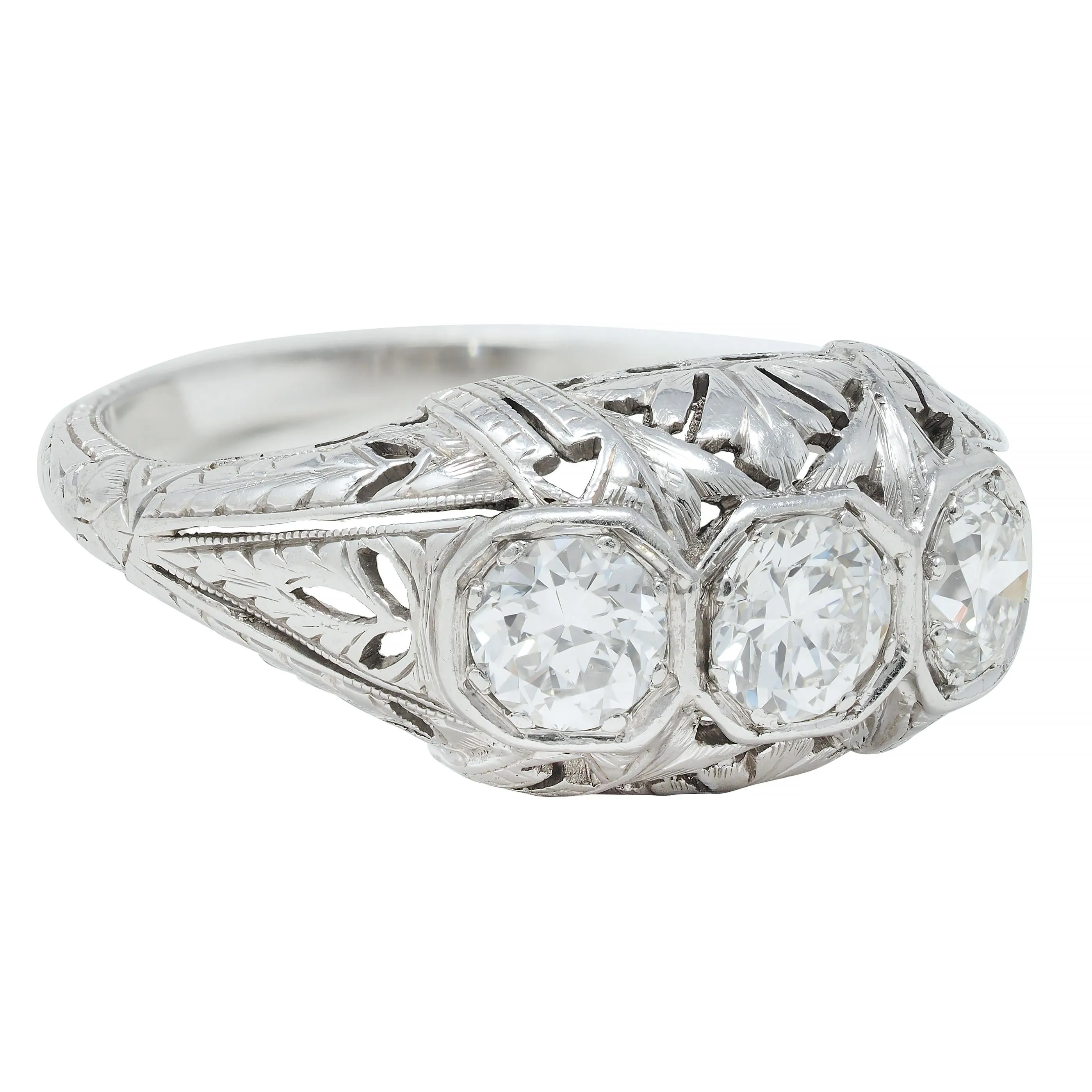 Kinscherf Art Deco 0.80 CTW Old European Cut Diamond Platinum Three Stone Arrow Engagement Ring