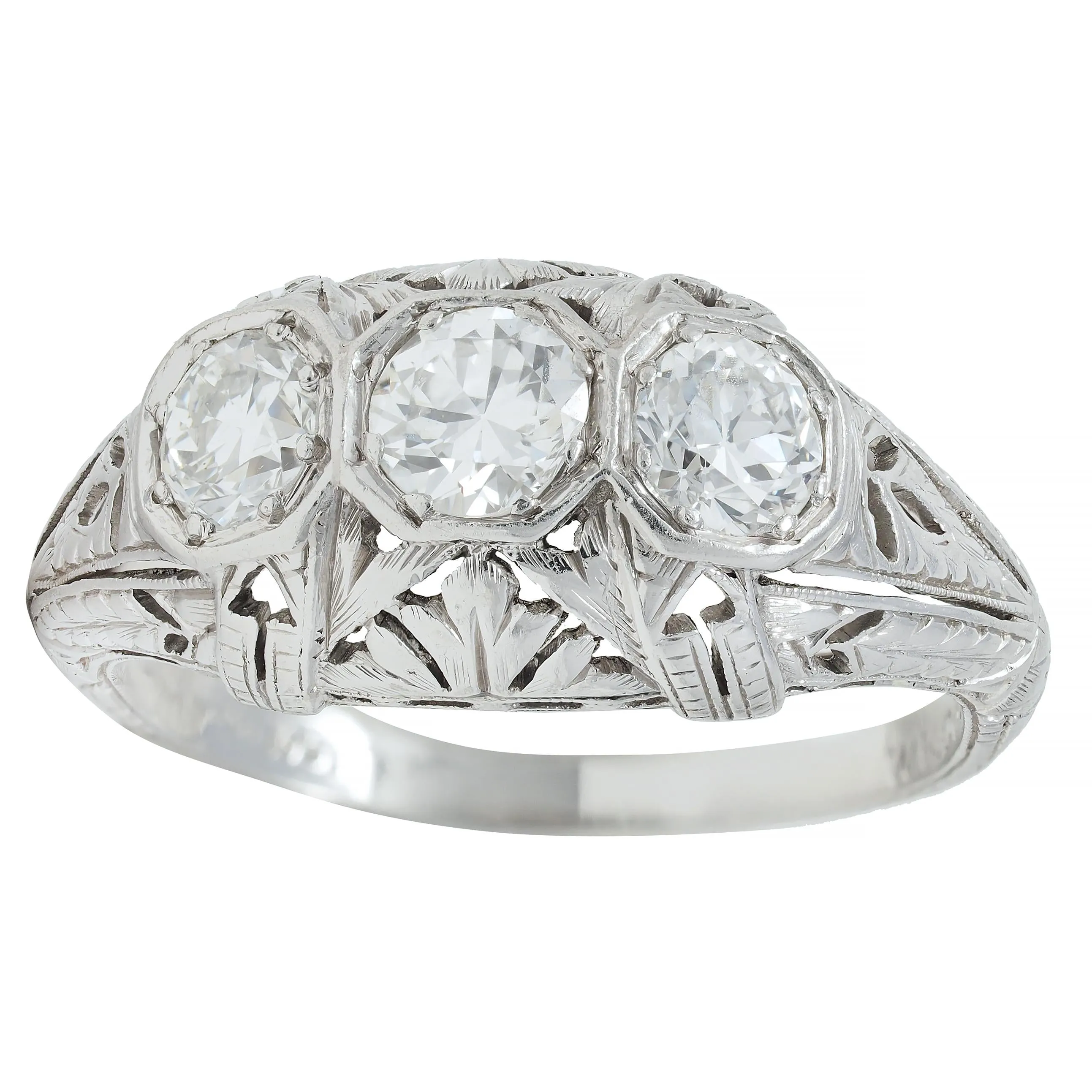 Kinscherf Art Deco 0.80 CTW Old European Cut Diamond Platinum Three Stone Arrow Engagement Ring