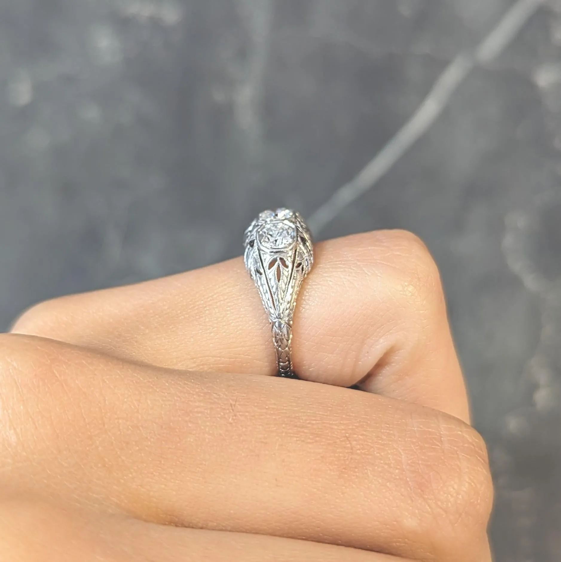 Kinscherf Art Deco 0.80 CTW Old European Cut Diamond Platinum Three Stone Arrow Engagement Ring