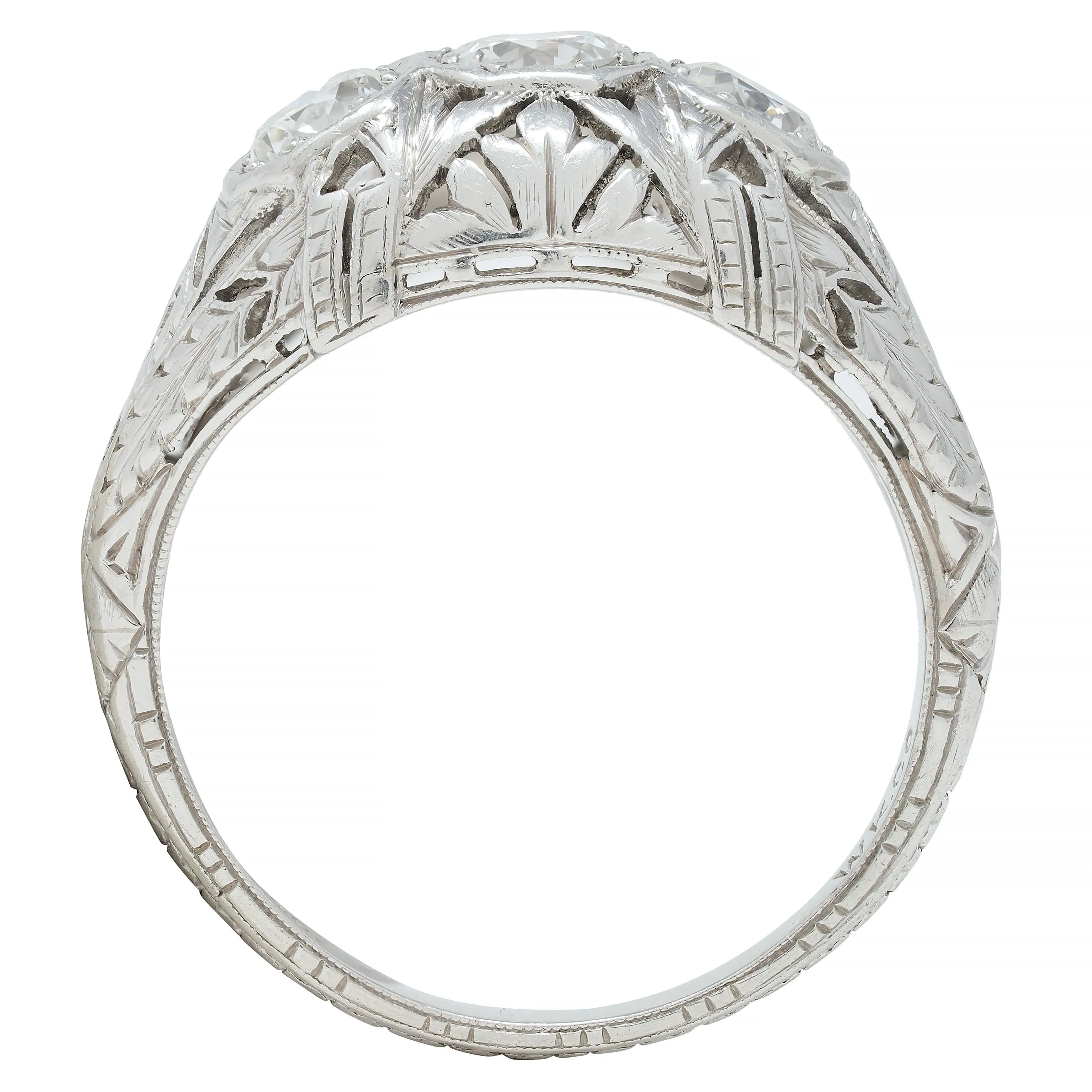 Kinscherf Art Deco 0.80 CTW Old European Cut Diamond Platinum Three Stone Arrow Engagement Ring