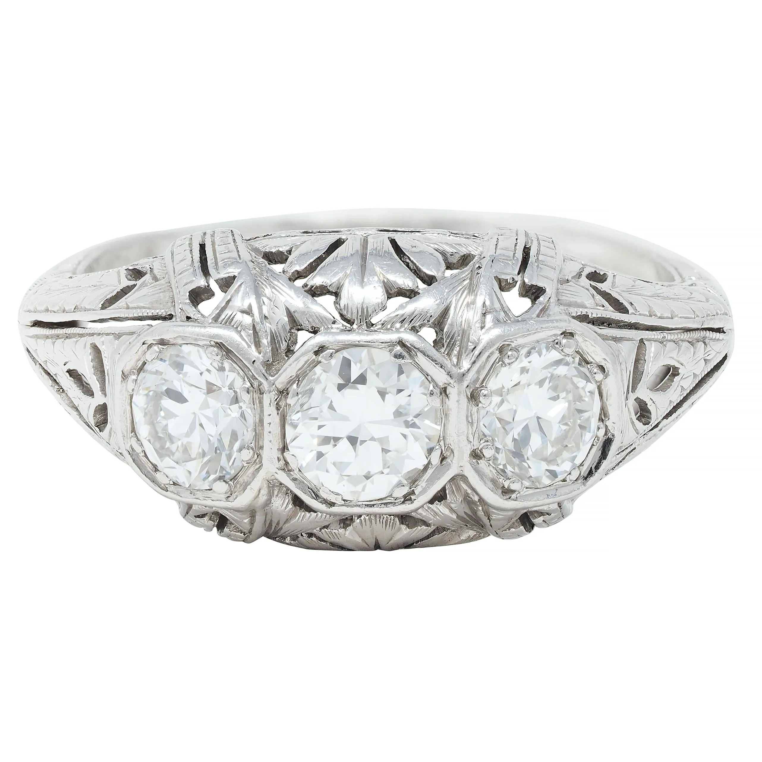 Kinscherf Art Deco 0.80 CTW Old European Cut Diamond Platinum Three Stone Arrow Engagement Ring