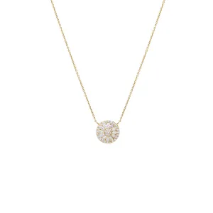 Lab Grown Diamond Pave X Baguette Round Pendant Necklace 14K