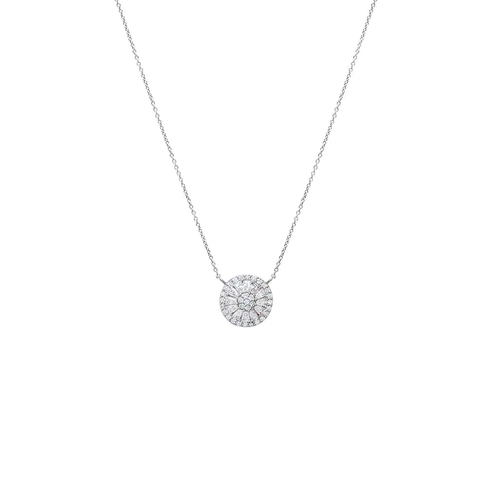 Lab Grown Diamond Pave X Baguette Round Pendant Necklace 14K