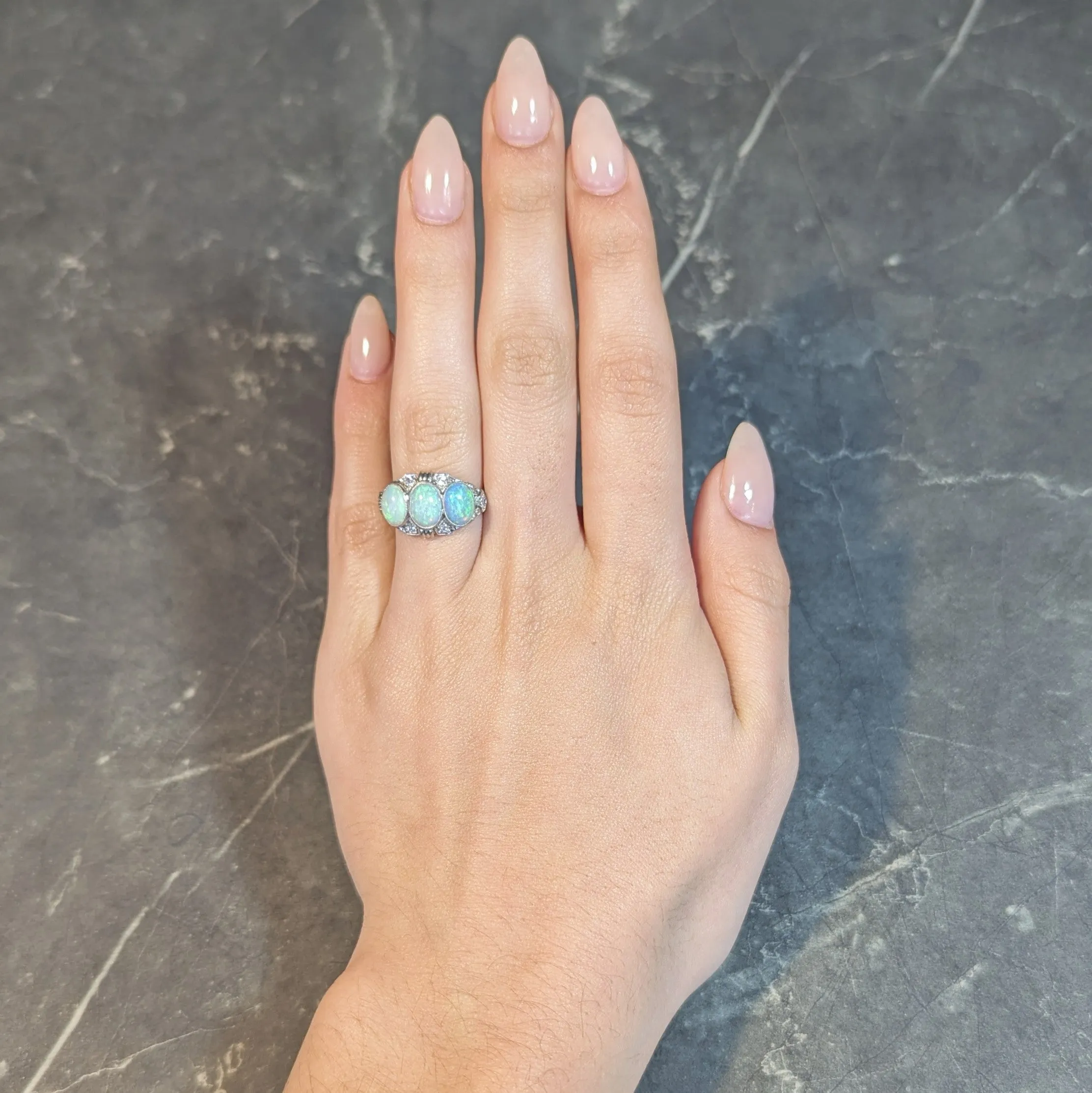 Late Art Deco Opal Cabochon Diamond Platinum Vintage Dinner Band Ring