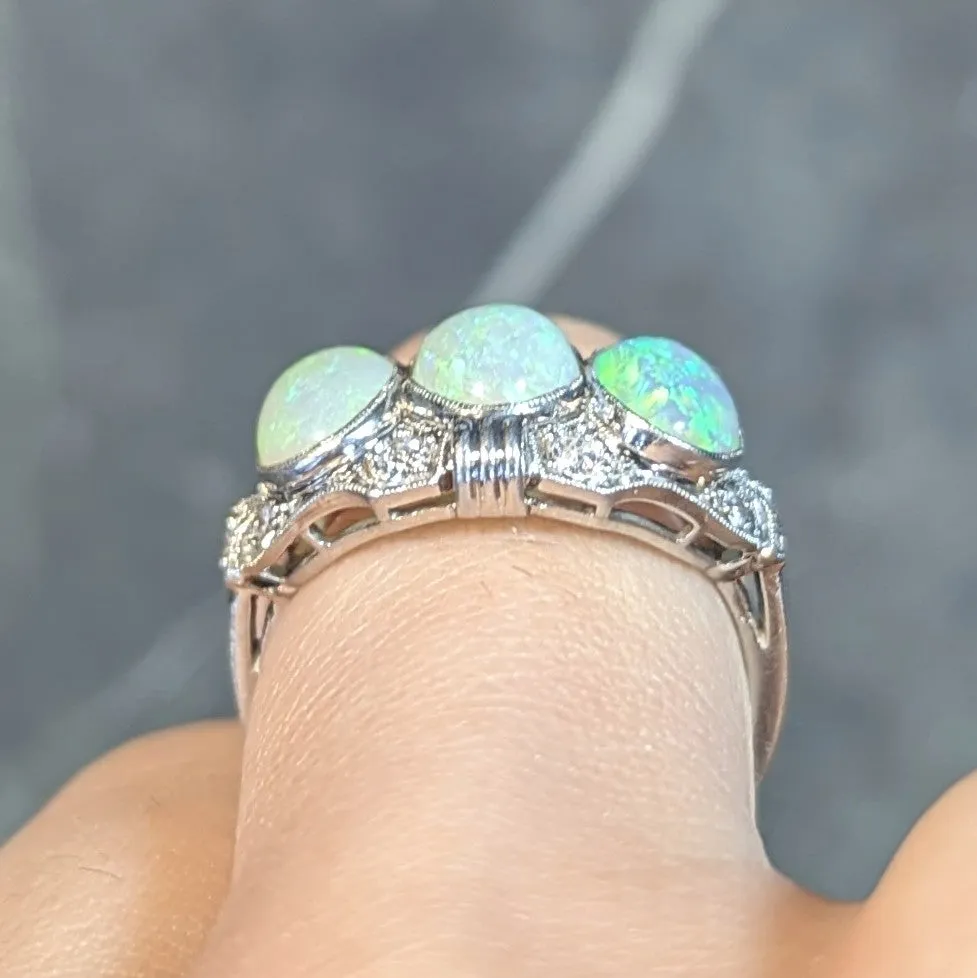 Late Art Deco Opal Cabochon Diamond Platinum Vintage Dinner Band Ring