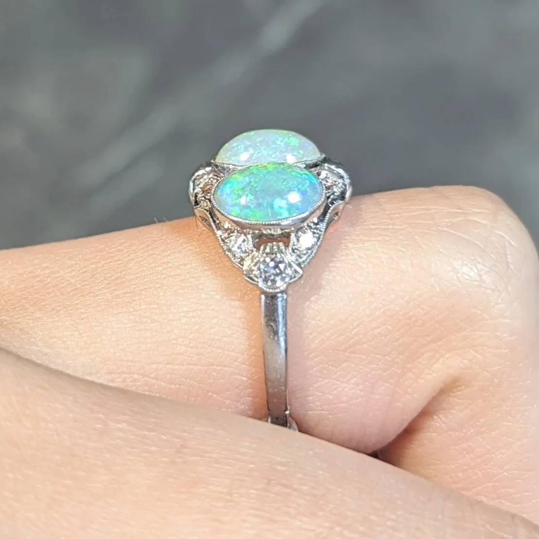 Late Art Deco Opal Cabochon Diamond Platinum Vintage Dinner Band Ring
