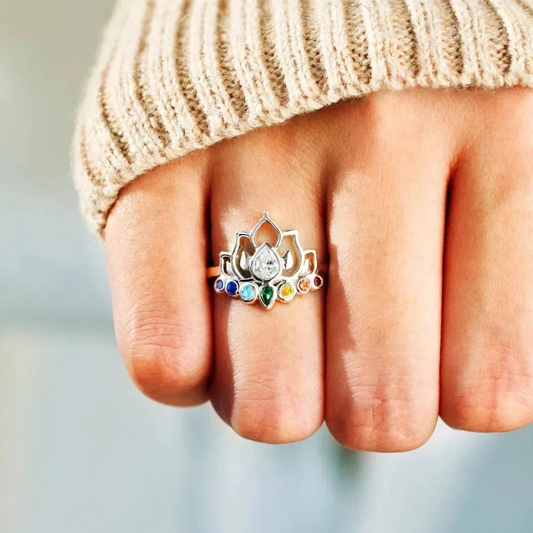 Lotus Flower Boho Colorful Yoga Rings 7 Chakras Rings for Women Healing Rainbow Crystals Amulet Jewelry Gifts