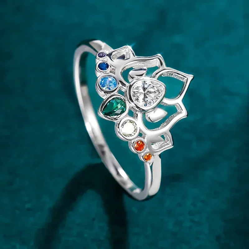 Lotus Flower Boho Colorful Yoga Rings 7 Chakras Rings for Women Healing Rainbow Crystals Amulet Jewelry Gifts