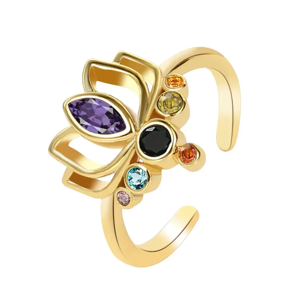 Lotus Flower Boho Colorful Yoga Rings 7 Chakras Rings for Women Healing Rainbow Crystals Amulet Jewelry Gifts