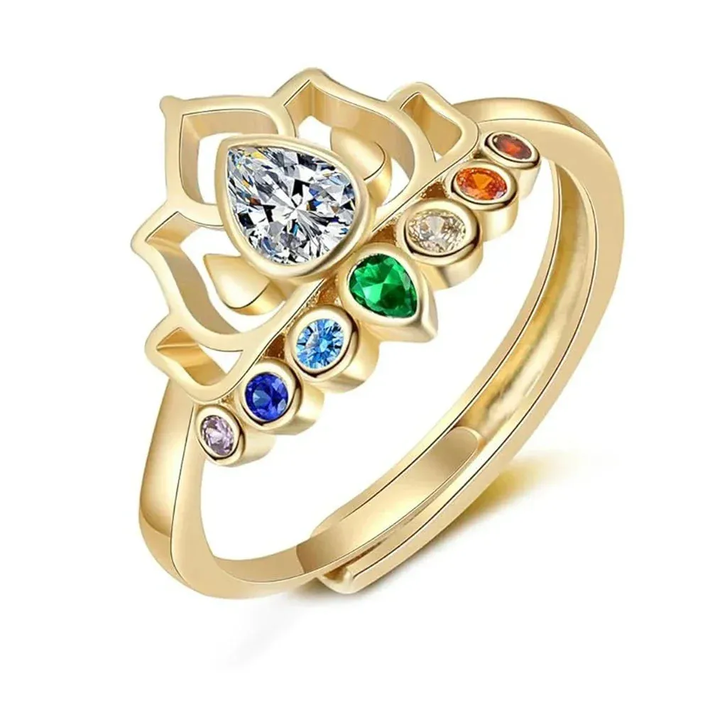 Lotus Flower Boho Colorful Yoga Rings 7 Chakras Rings for Women Healing Rainbow Crystals Amulet Jewelry Gifts