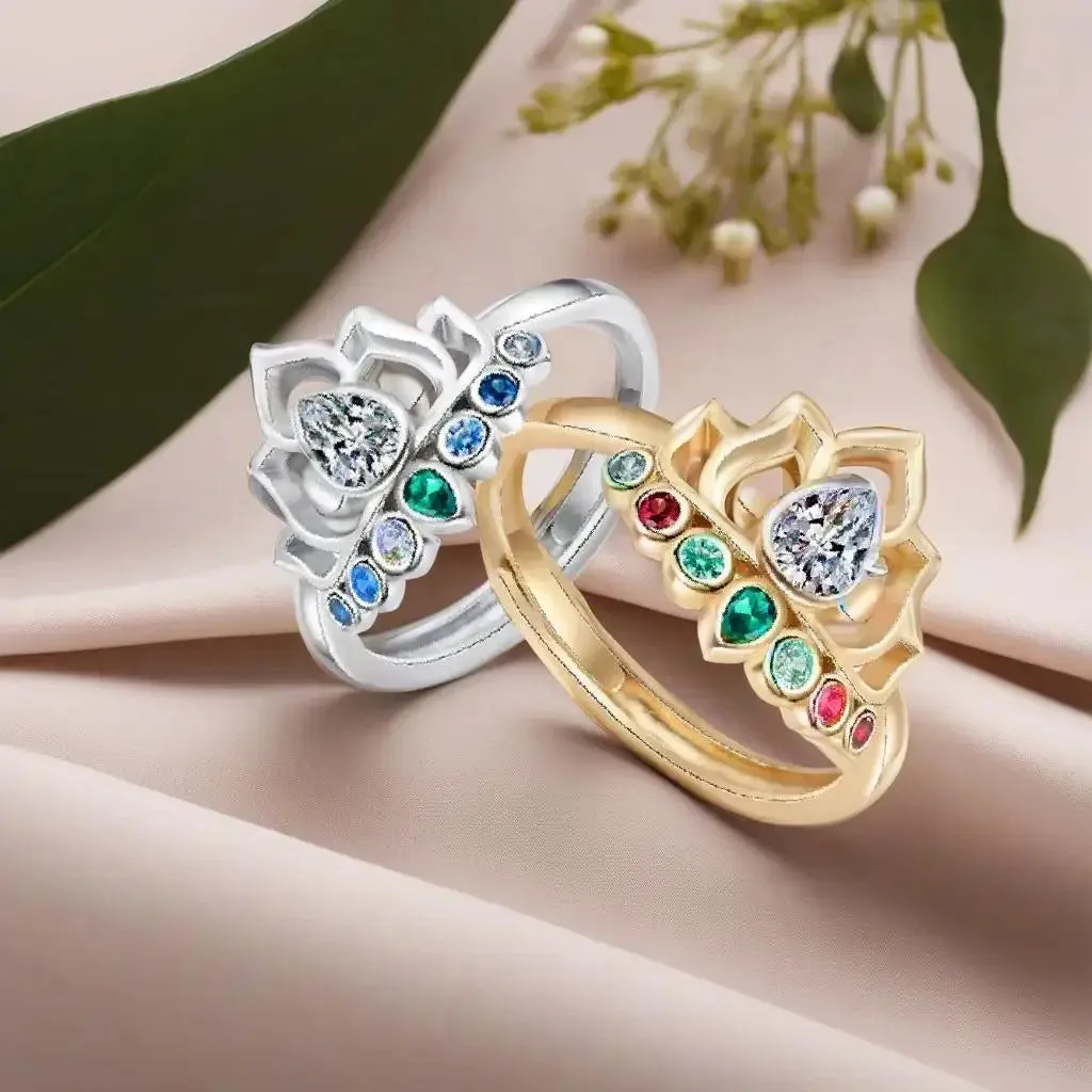 Lotus Flower Boho Colorful Yoga Rings 7 Chakras Rings for Women Healing Rainbow Crystals Amulet Jewelry Gifts