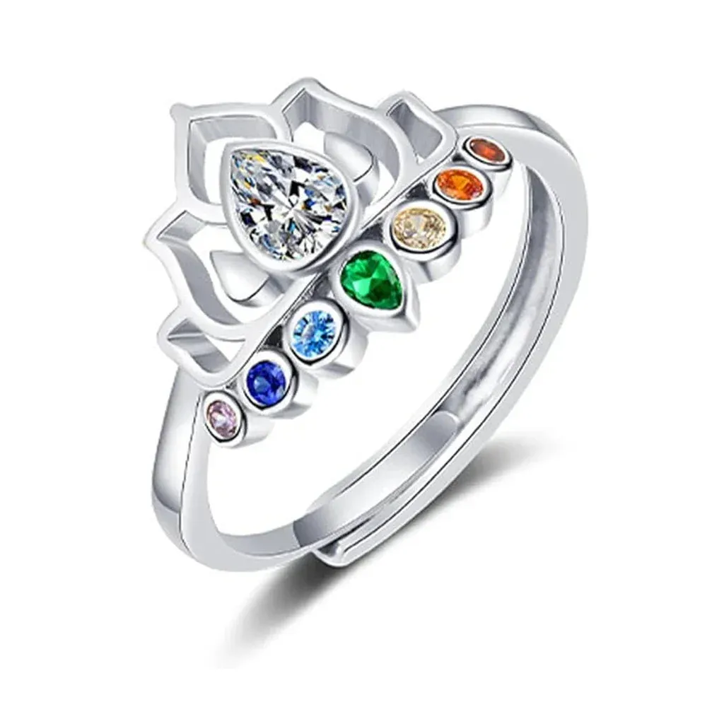 Lotus Flower Boho Colorful Yoga Rings 7 Chakras Rings for Women Healing Rainbow Crystals Amulet Jewelry Gifts