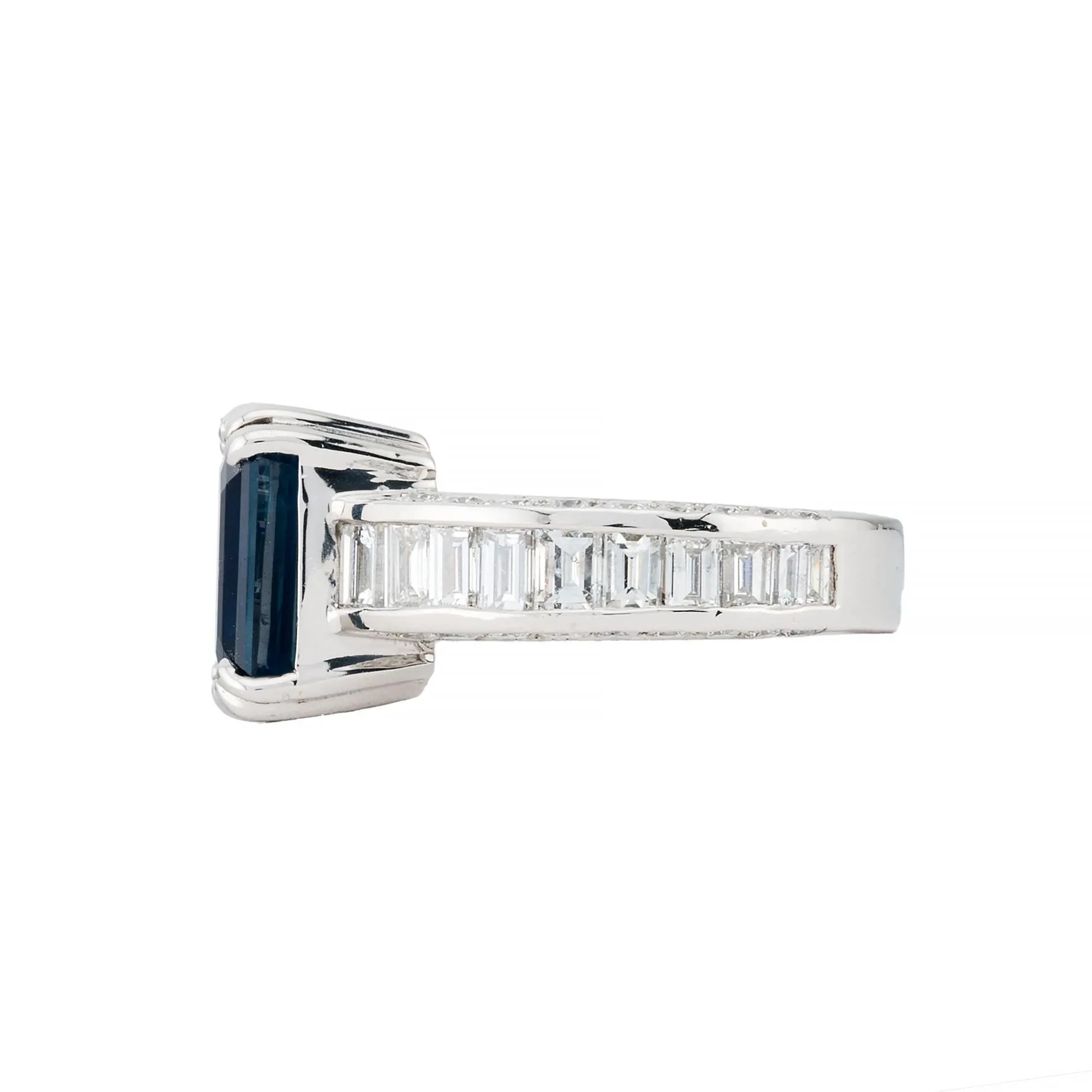 Luxurious Royal Blue Emerald Cut Sapphire & Baguette Diamond Ring in Platinum
