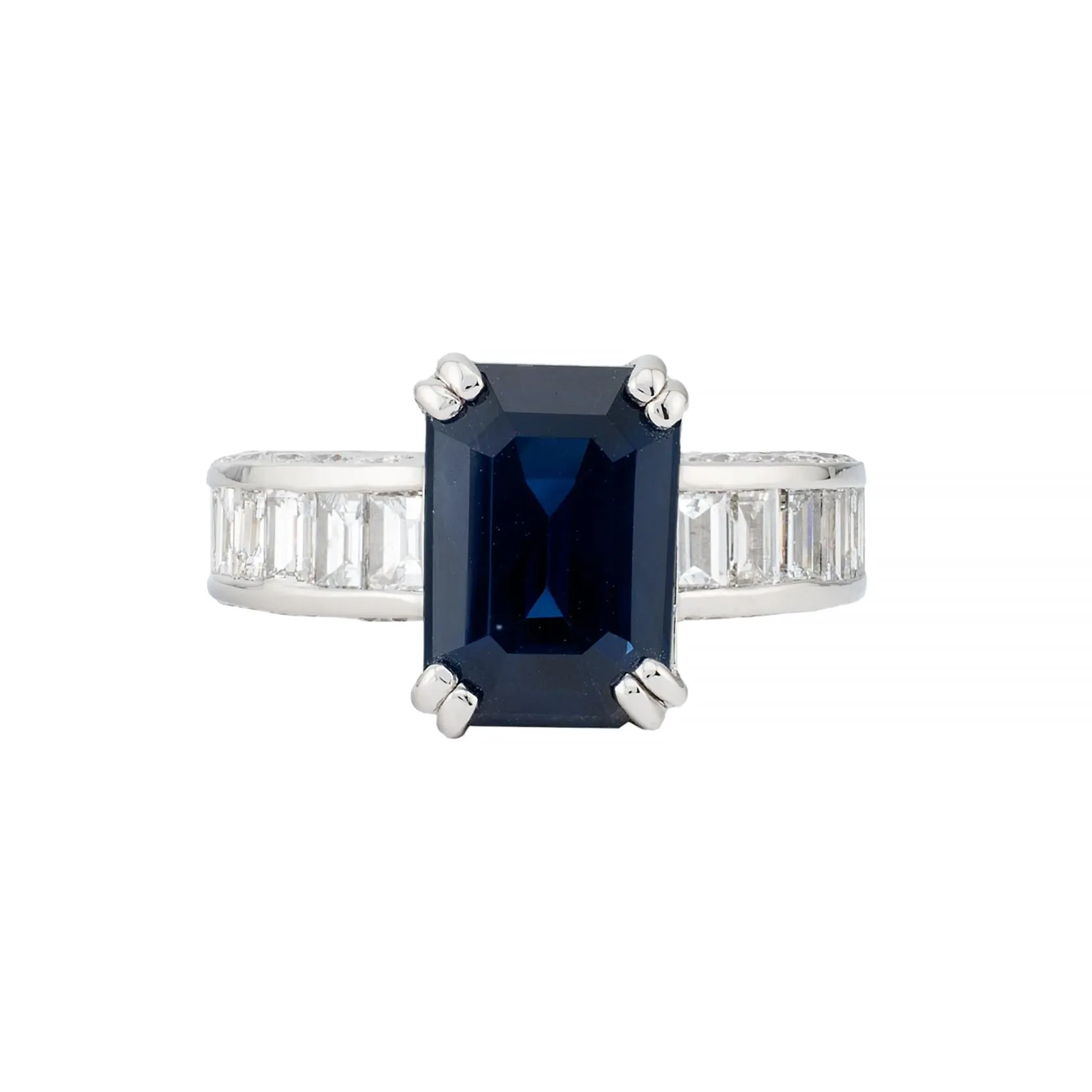 Luxurious Royal Blue Emerald Cut Sapphire & Baguette Diamond Ring in Platinum
