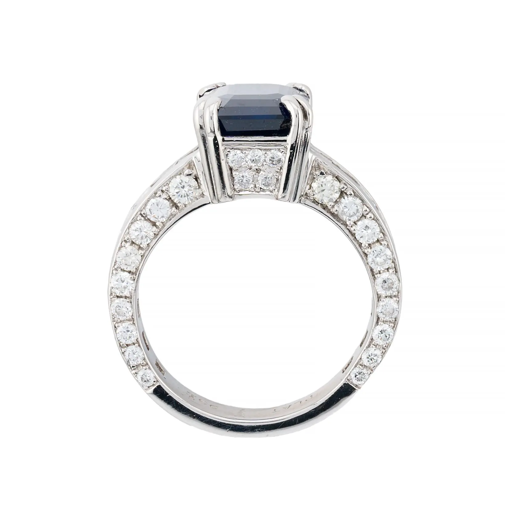 Luxurious Royal Blue Emerald Cut Sapphire & Baguette Diamond Ring in Platinum
