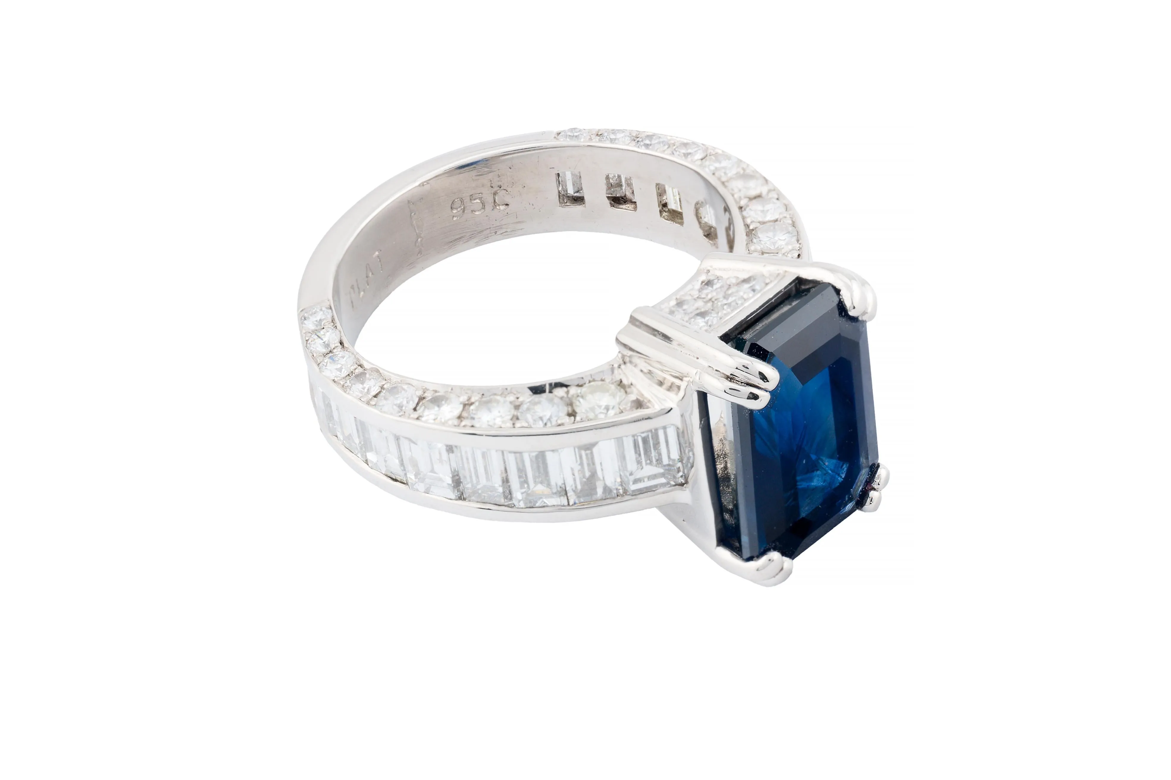 Luxurious Royal Blue Emerald Cut Sapphire & Baguette Diamond Ring in Platinum