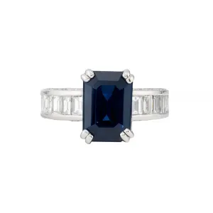Luxurious Royal Blue Emerald Cut Sapphire & Baguette Diamond Ring in Platinum