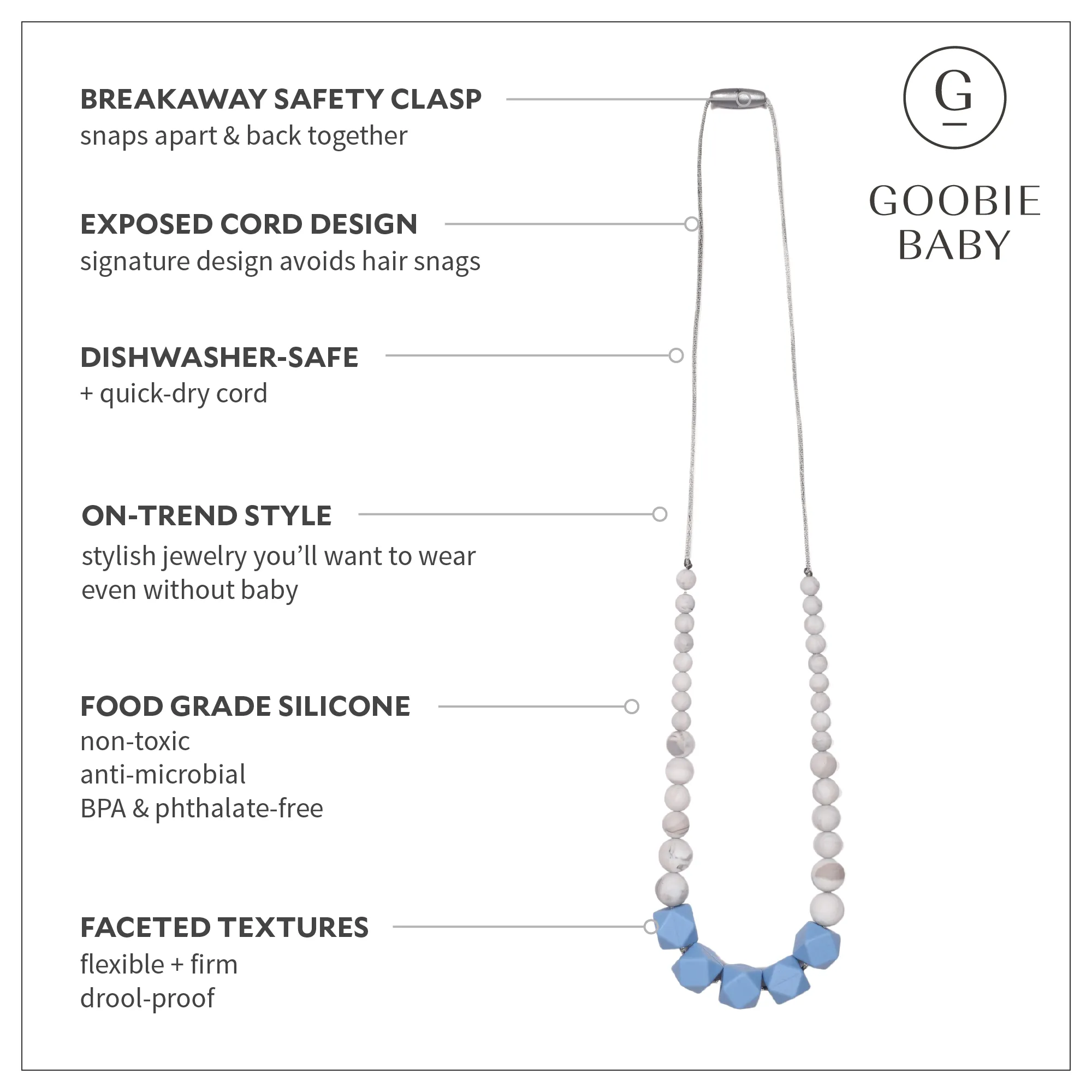 Madison Teething Necklace - Light Blue/Marble