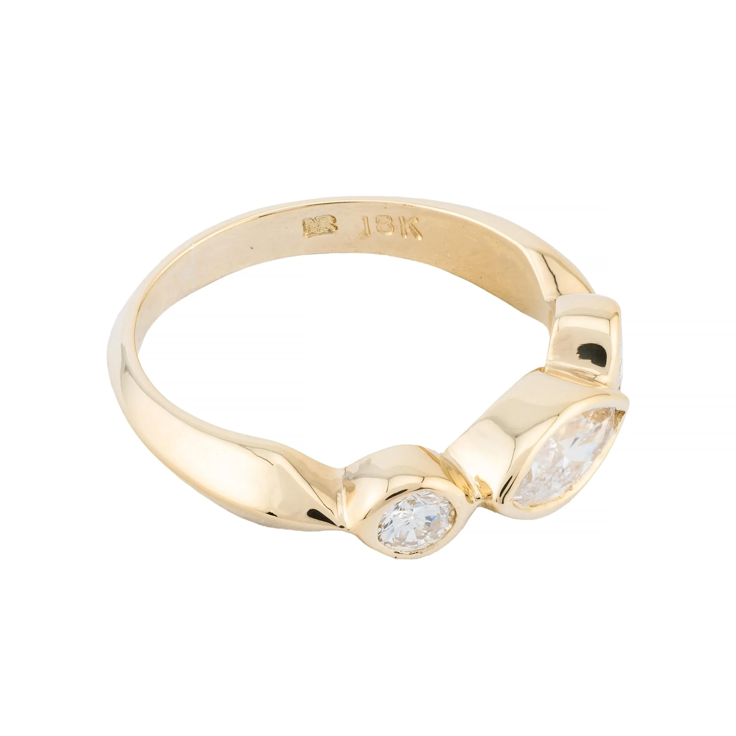 Marquise & Round Diamond Three Stone Band Ring in 18K Yellow Gold