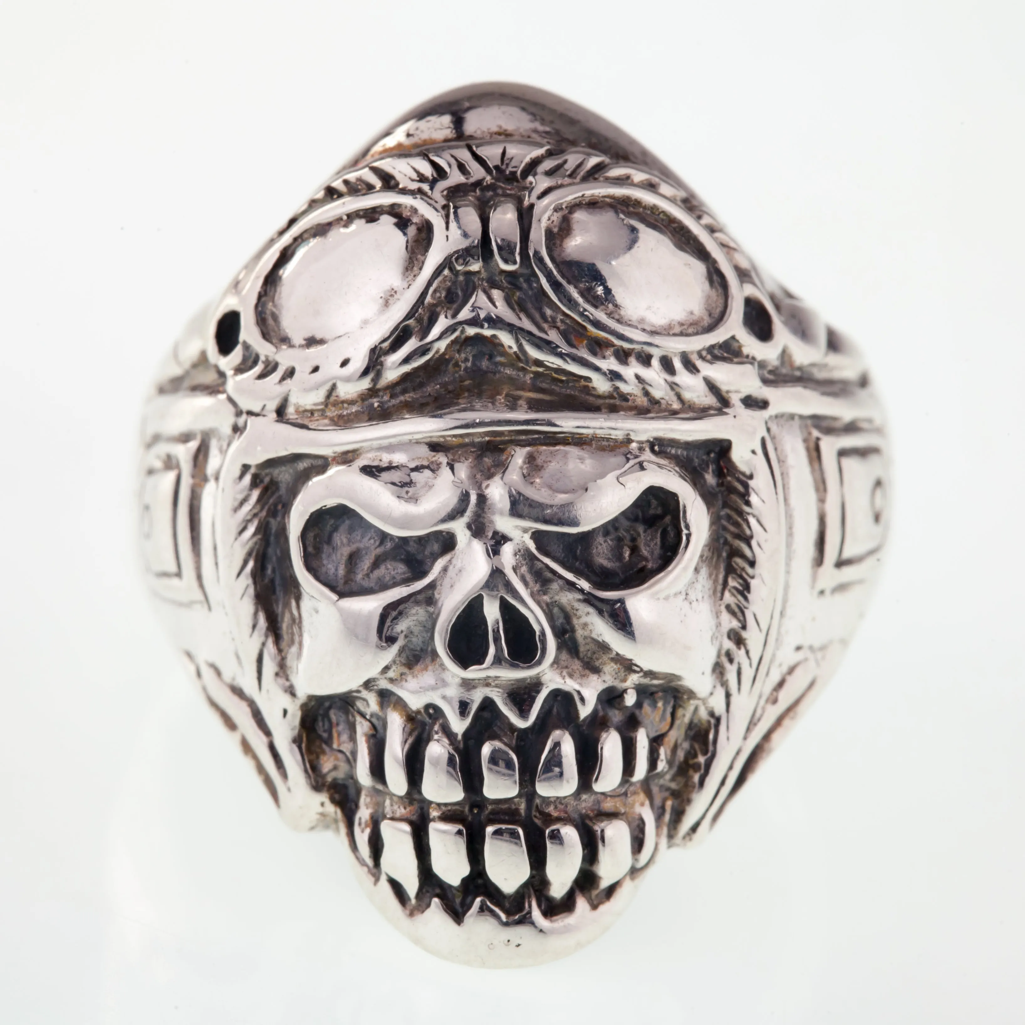 Men's Biker Skull w/Helmet and Goggles In Sterling Silver Band Ring Size 9.75