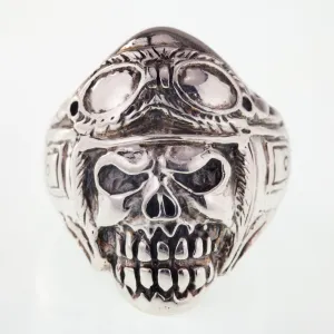 Men's Biker Skull w/Helmet and Goggles In Sterling Silver Band Ring Size 9.75