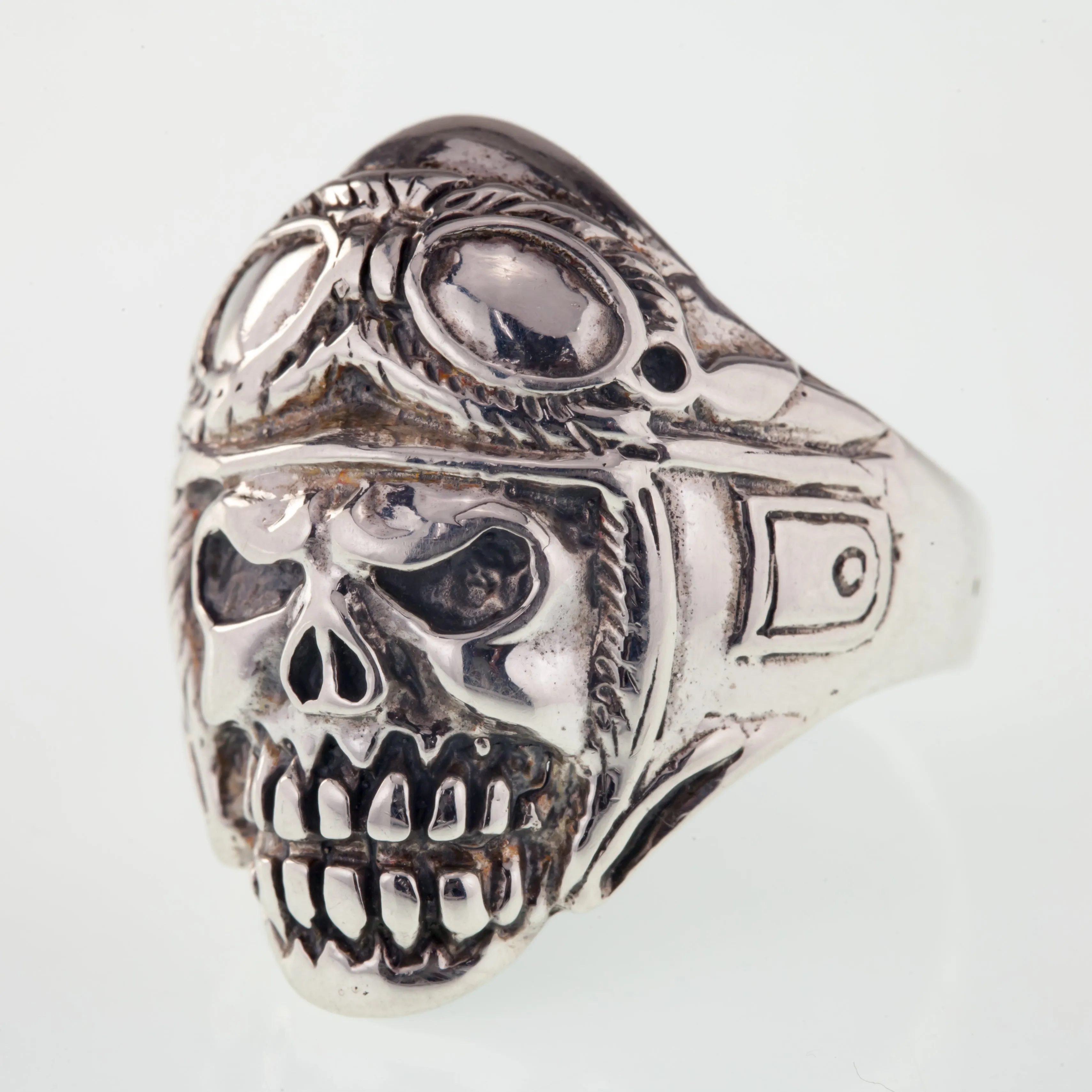 Men's Biker Skull w/Helmet and Goggles In Sterling Silver Band Ring Size 9.75