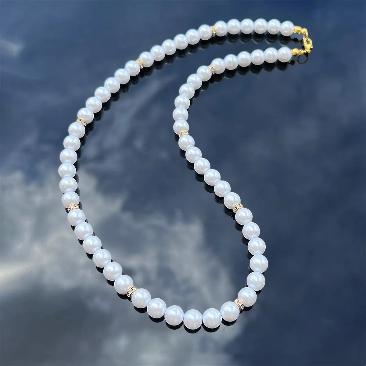 Men’s White Pearls Necklace, Gold