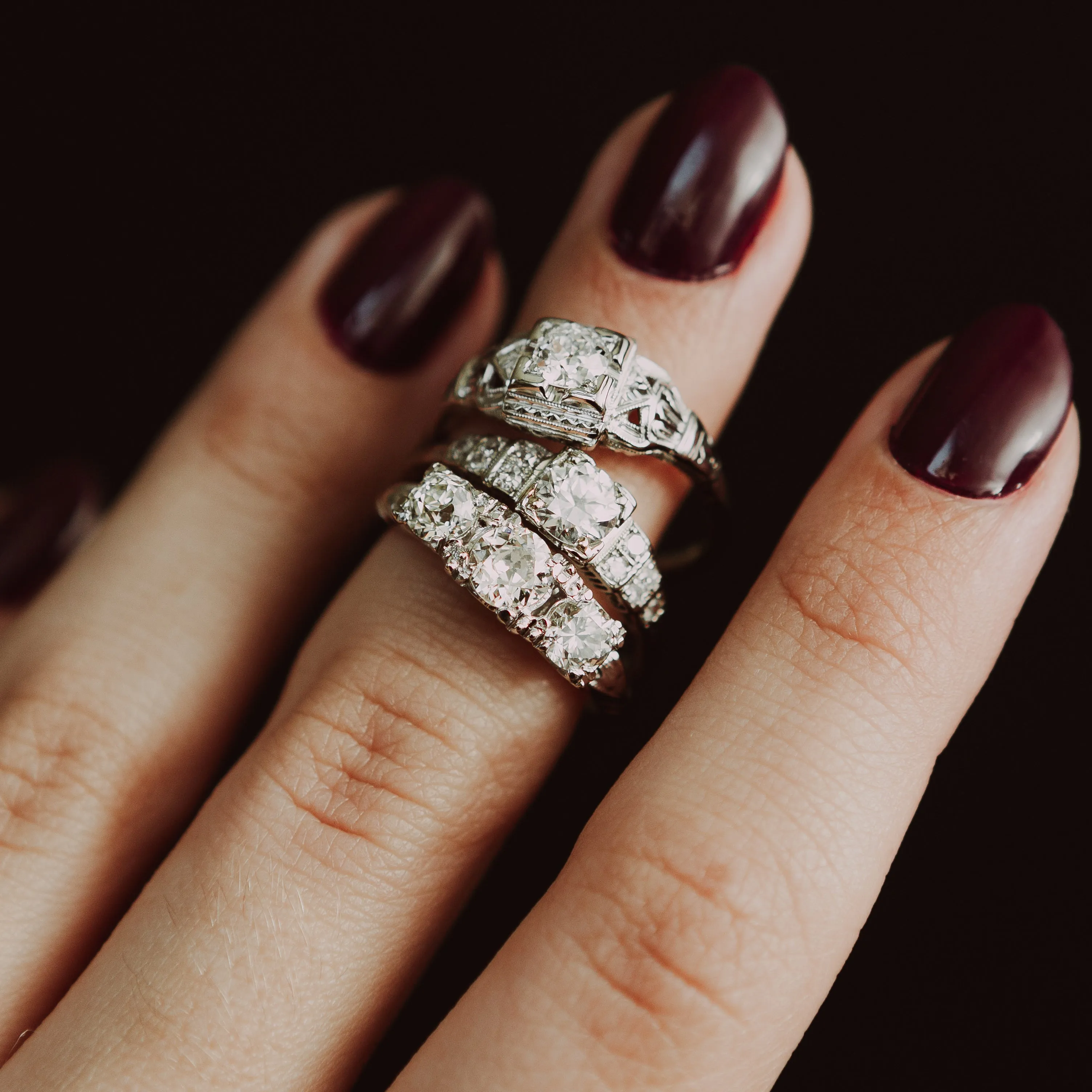 Midcentury 3-Stone Old European Cut Diamond Ring in 14k Gold