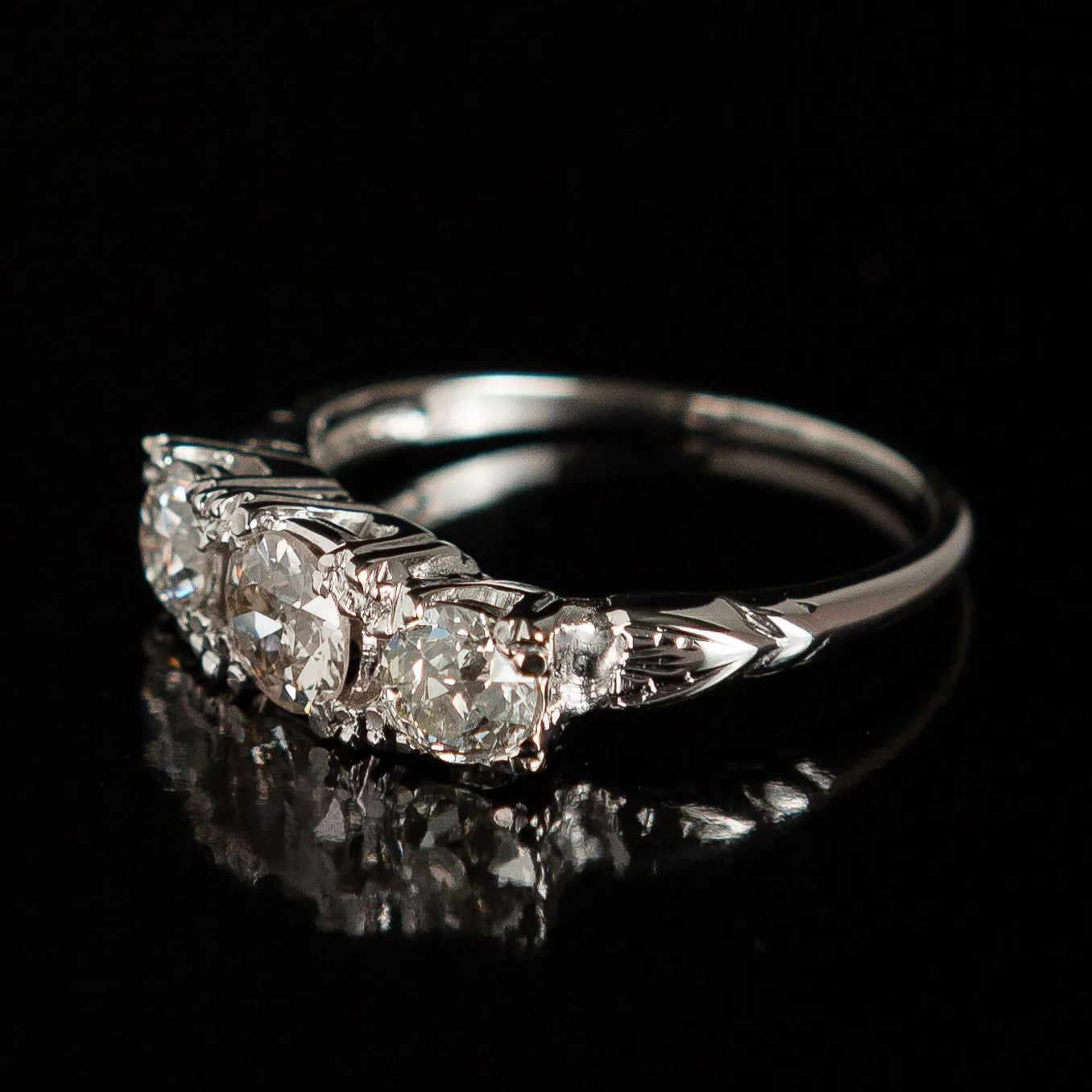 Midcentury 3-Stone Old European Cut Diamond Ring in 14k Gold