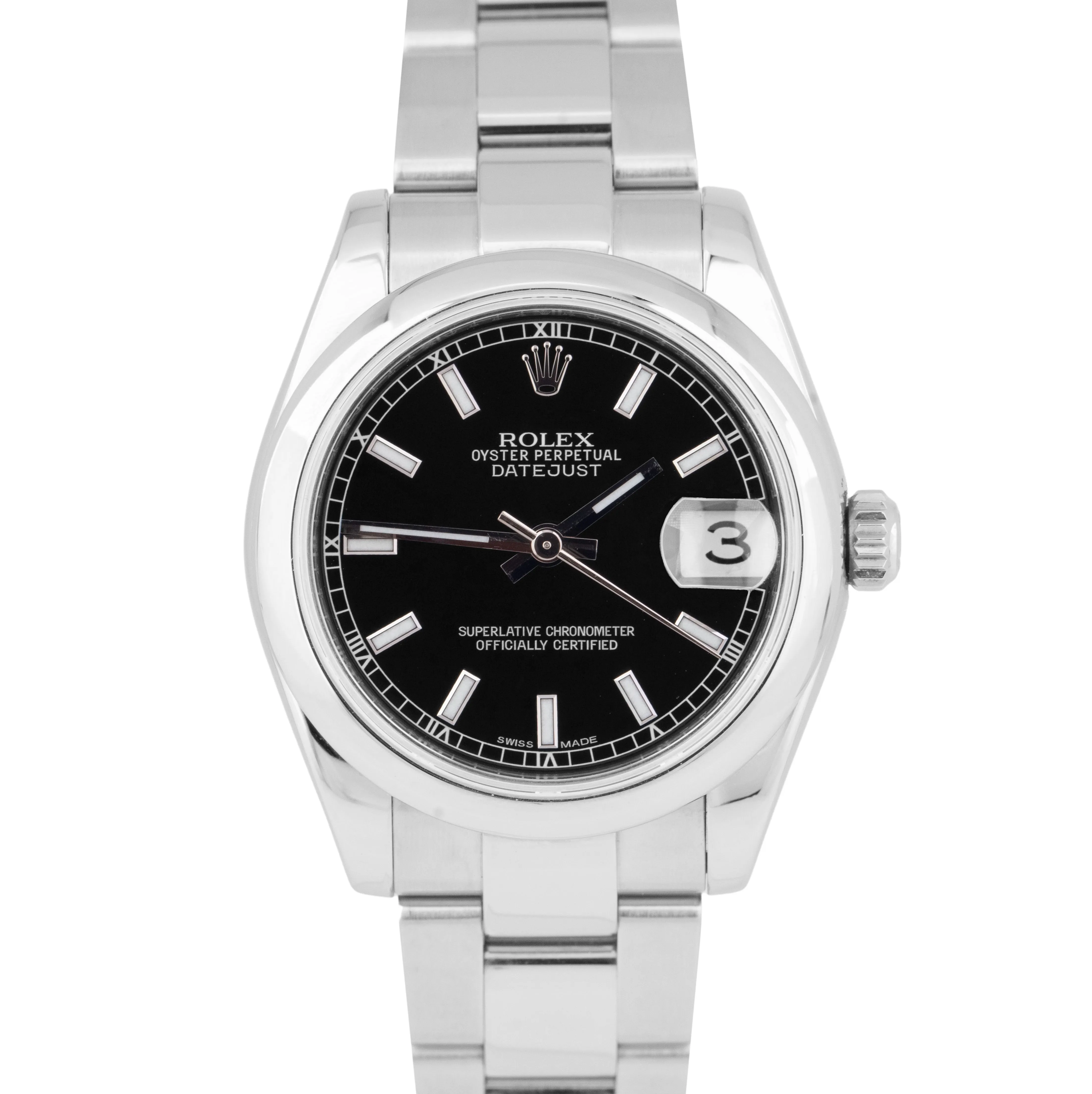 MINT Ladies Rolex DateJust Black 31mm Oyster Smooth Stainless Steel Watch 178240