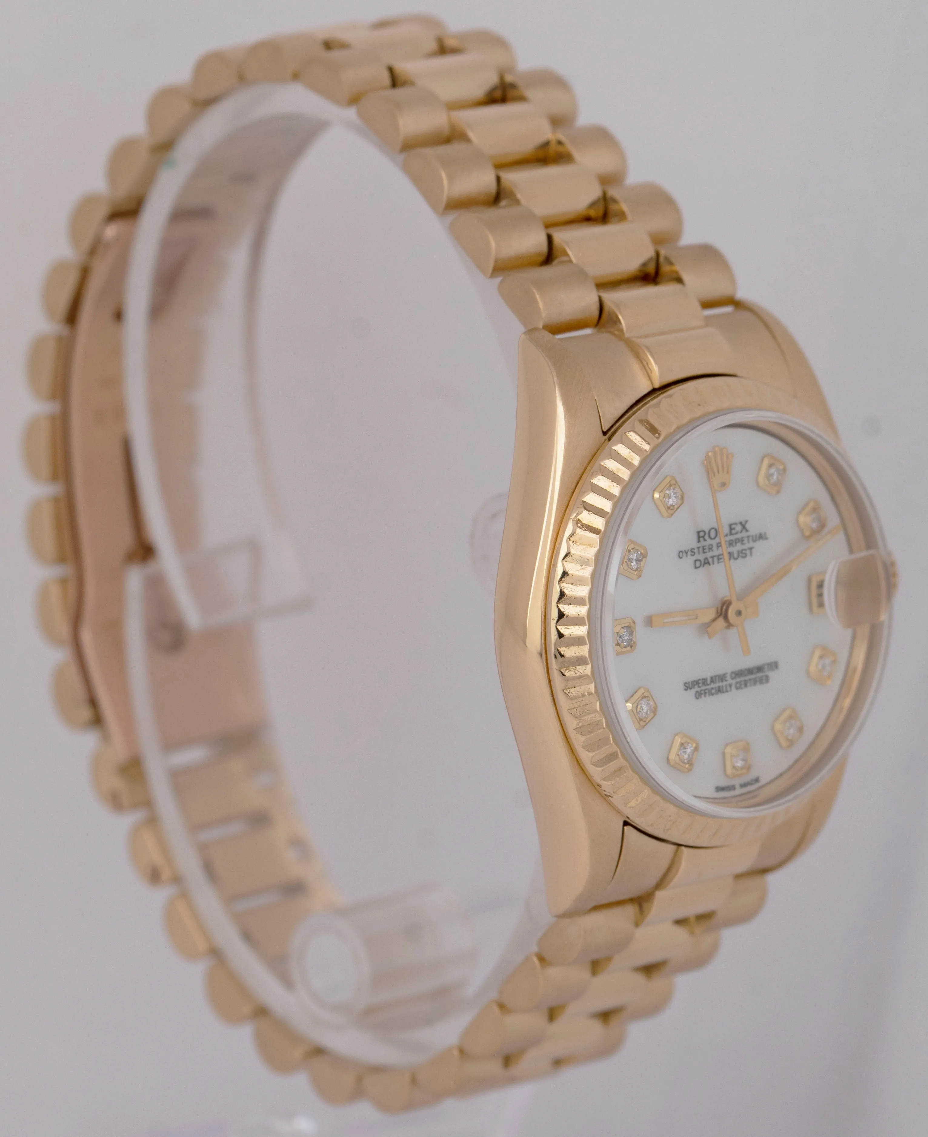 MINT Rolex DateJust President 31mm MOTHER OF PEARL DIAMOND 18K Gold Fluted 68278