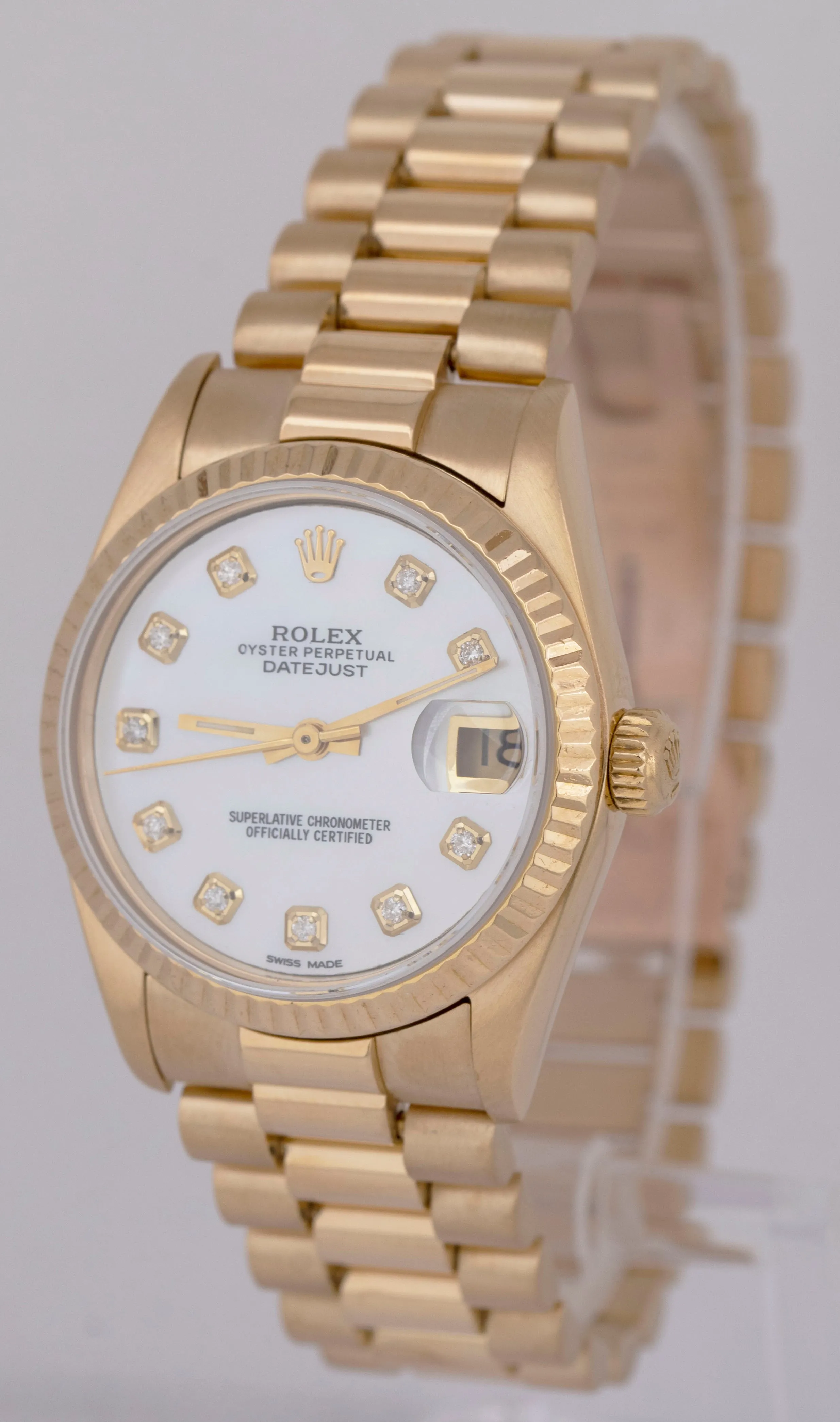 MINT Rolex DateJust President 31mm MOTHER OF PEARL DIAMOND 18K Gold Fluted 68278