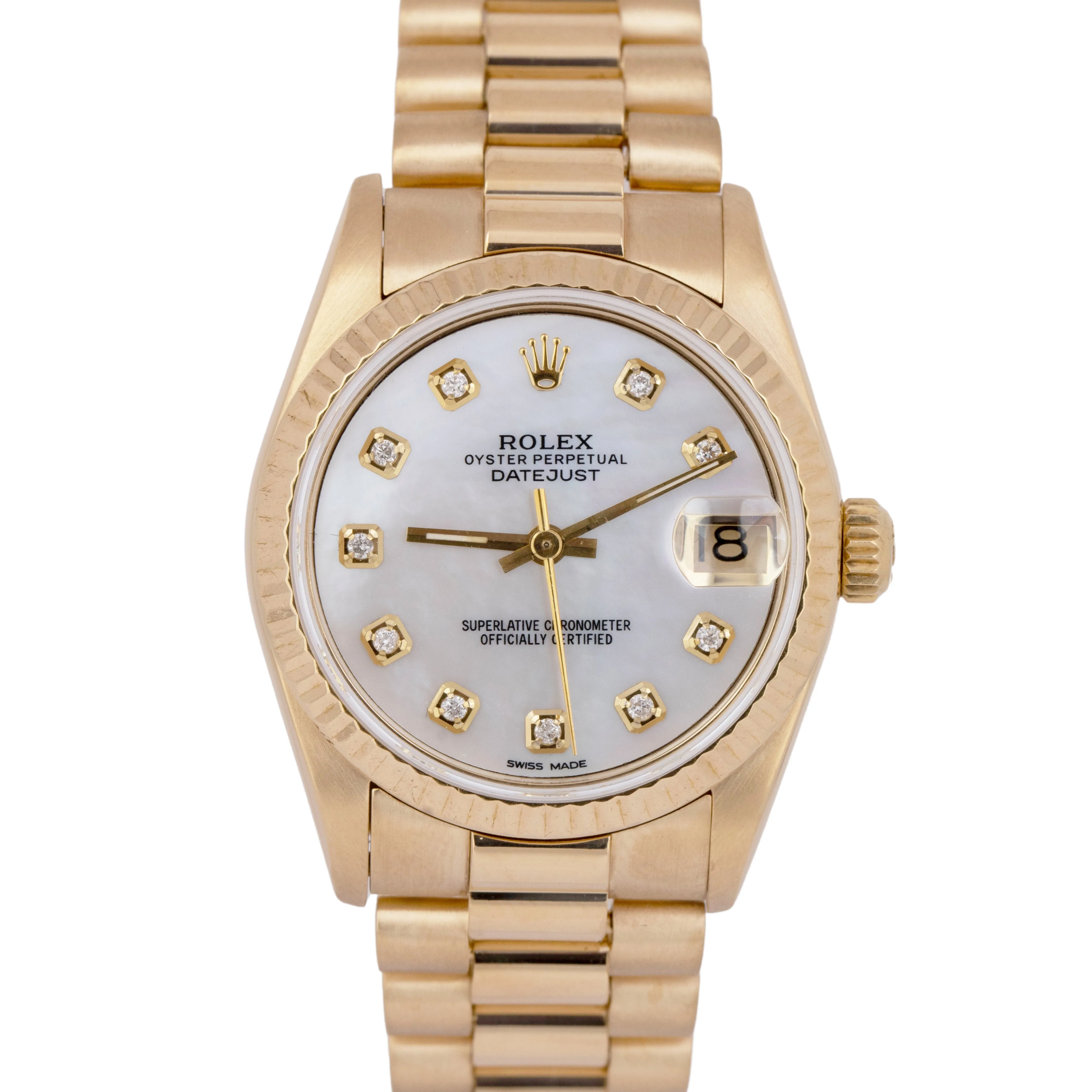 MINT Rolex DateJust President 31mm MOTHER OF PEARL DIAMOND 18K Gold Fluted 68278