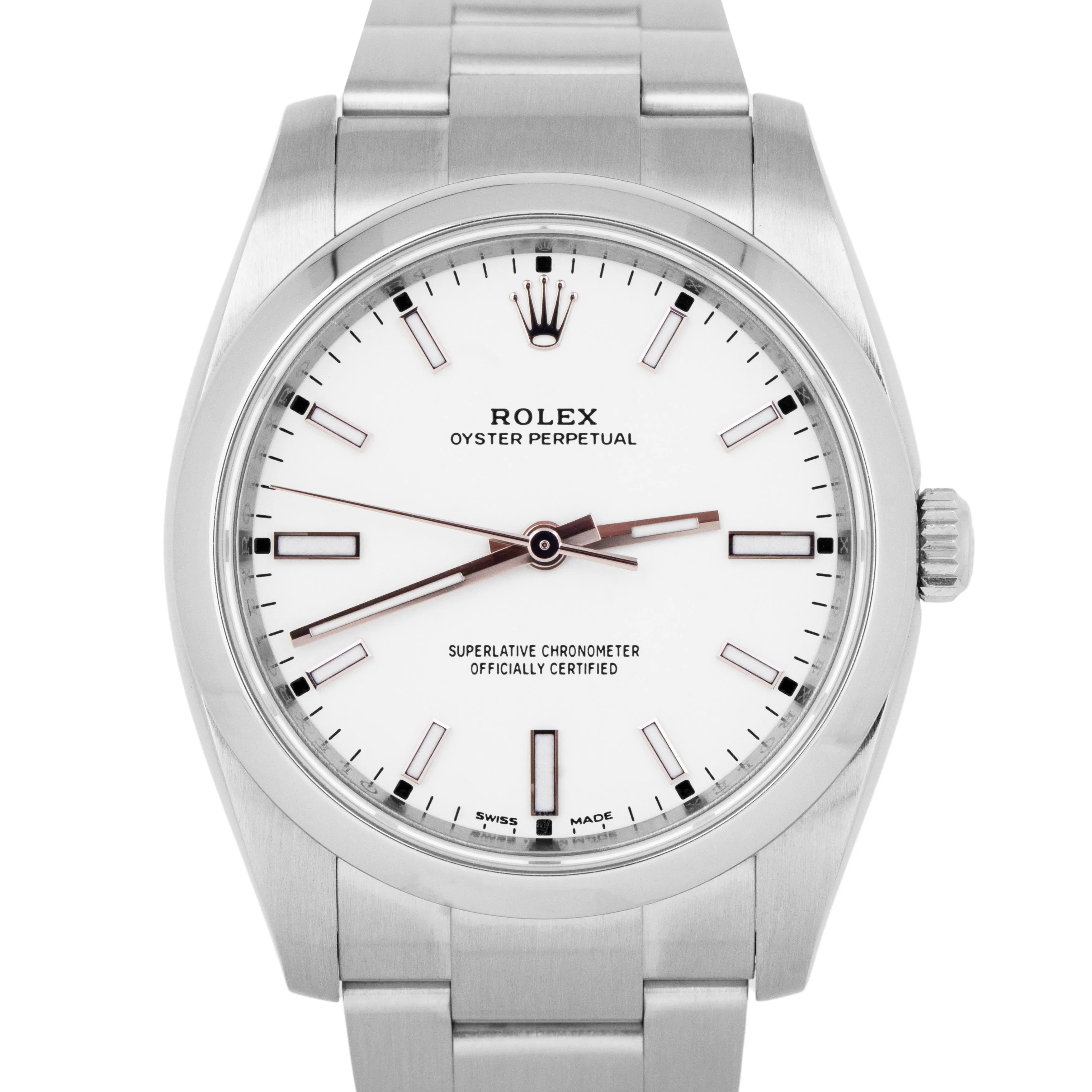 MINT Rolex Oyster Perpetual 34mm White Stainless Smooth Steel Watch 114200