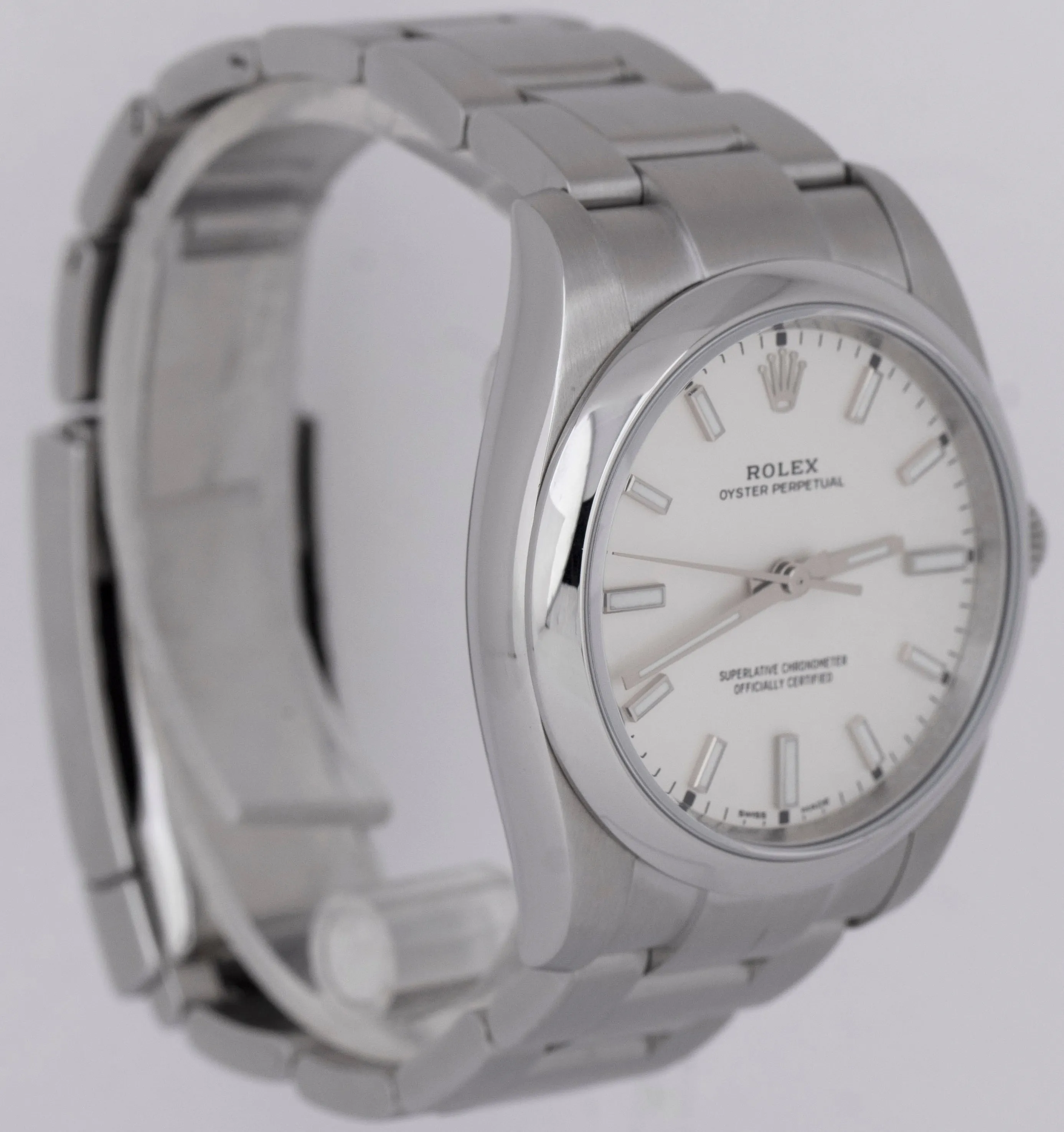 MINT Rolex Oyster Perpetual 34mm White Stainless Smooth Steel Watch 114200