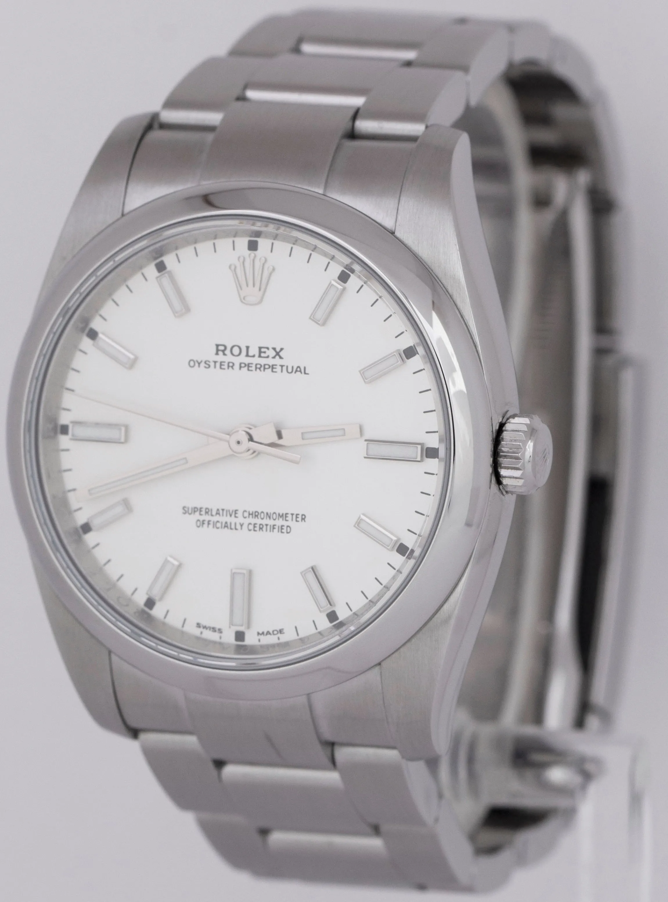 MINT Rolex Oyster Perpetual 34mm White Stainless Smooth Steel Watch 114200