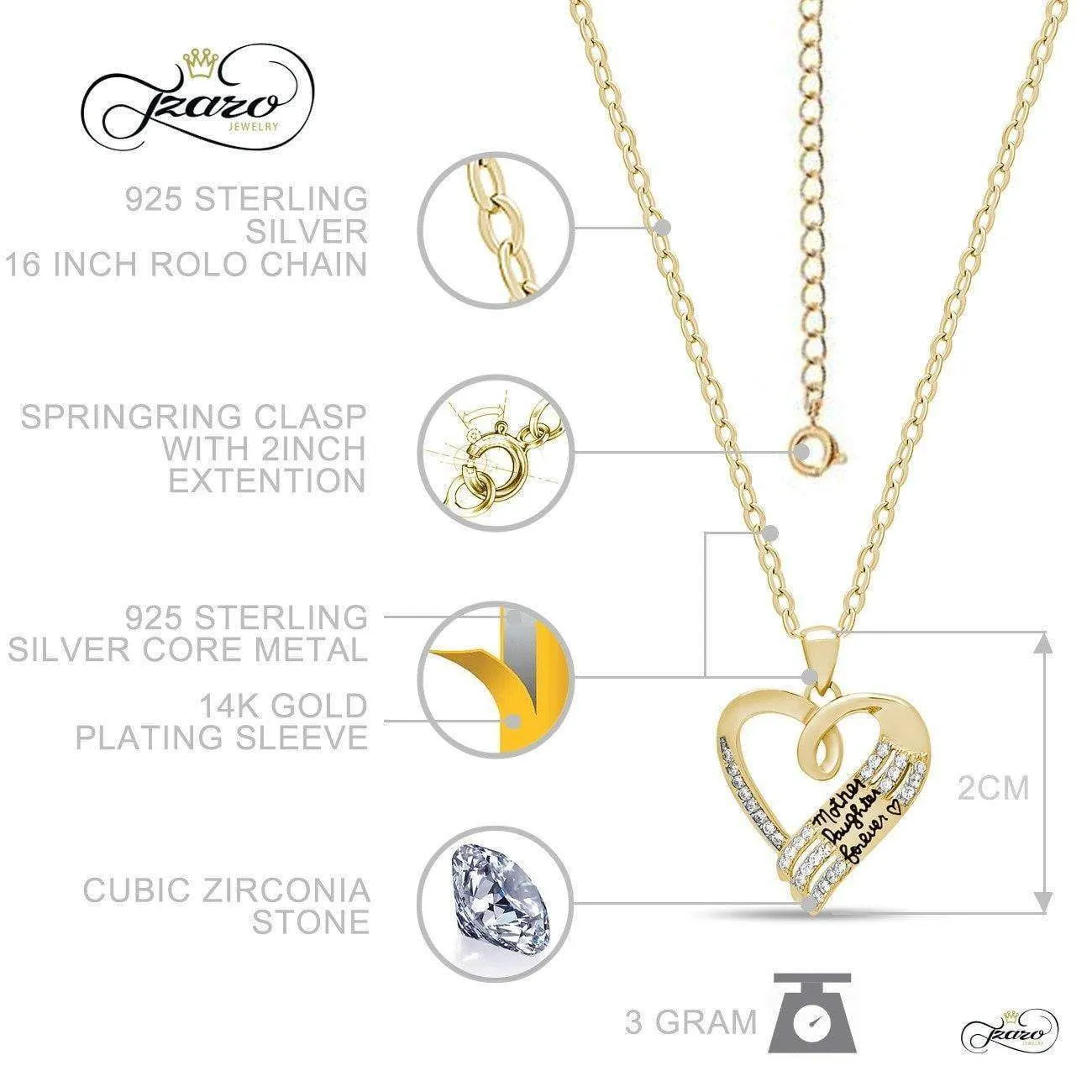 Mother Daughter Necklace, 925 Sterling Silver, 14K Gold Plated